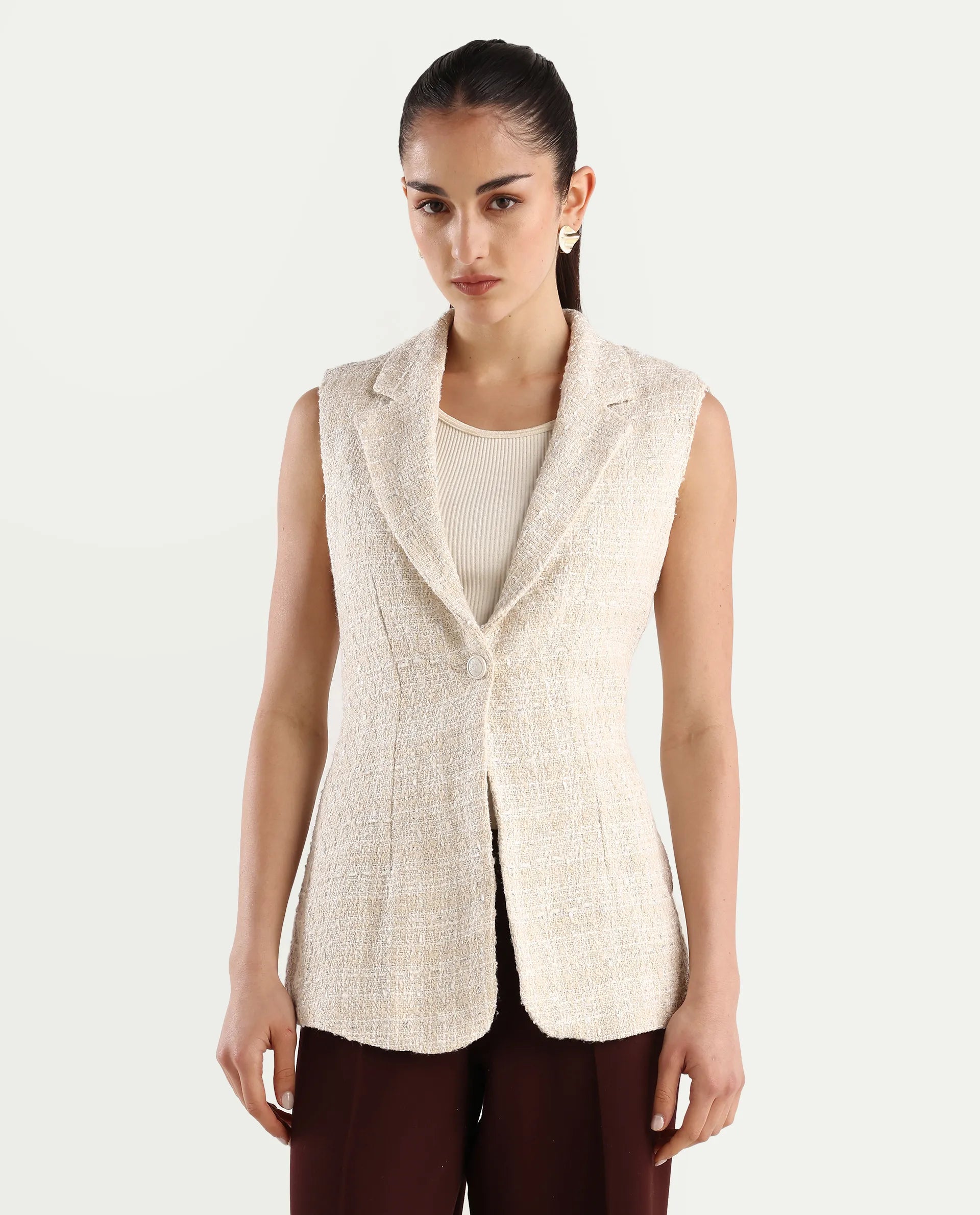 Rareism Women's Vadzai Beige Polyester Blend Lapel Neck Plain Sleeveless Mini Fitted Waist Coat