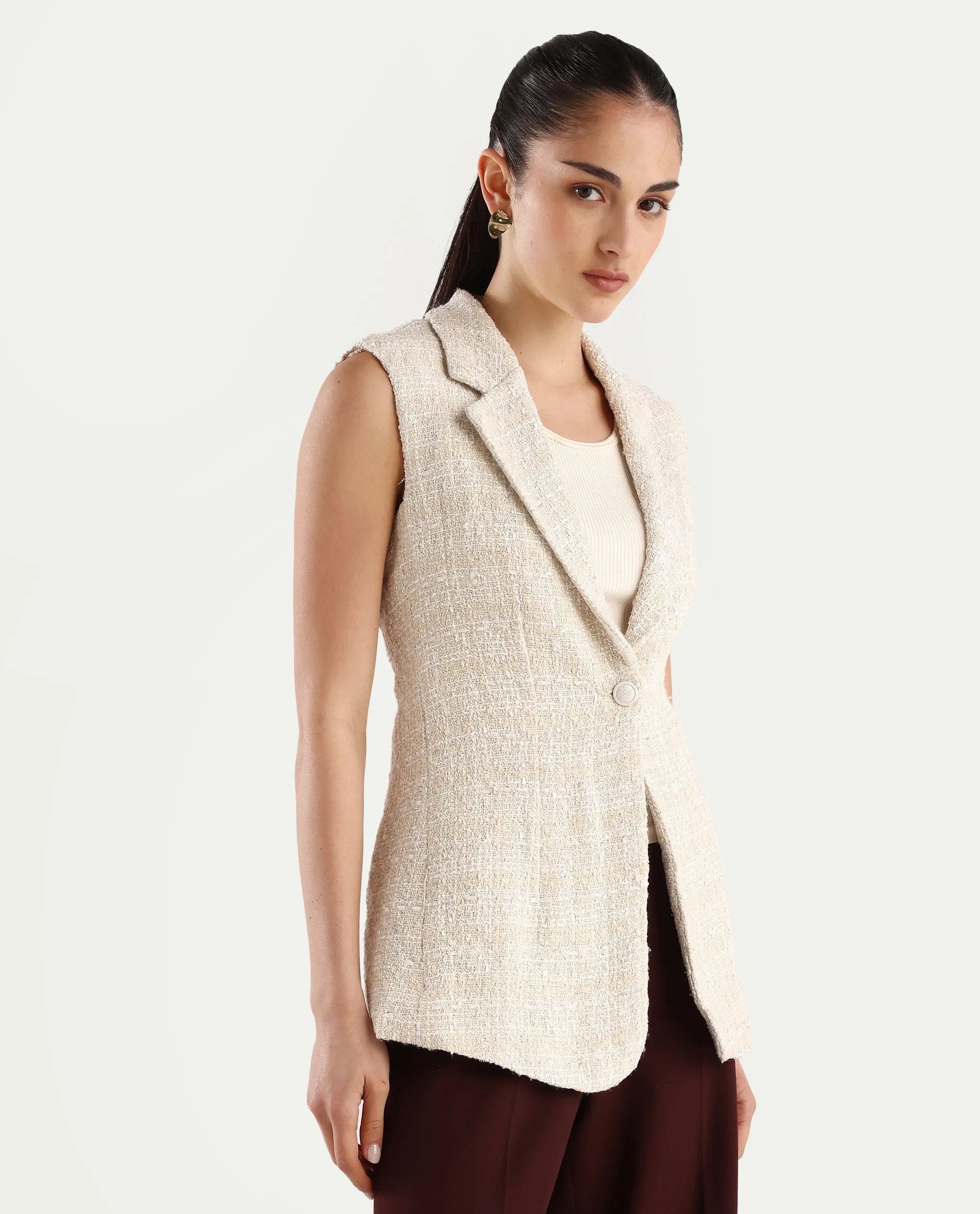 Rareism Women's Vadzai Beige Polyester Blend Lapel Neck Plain Sleeveless Mini Fitted Waist Coat