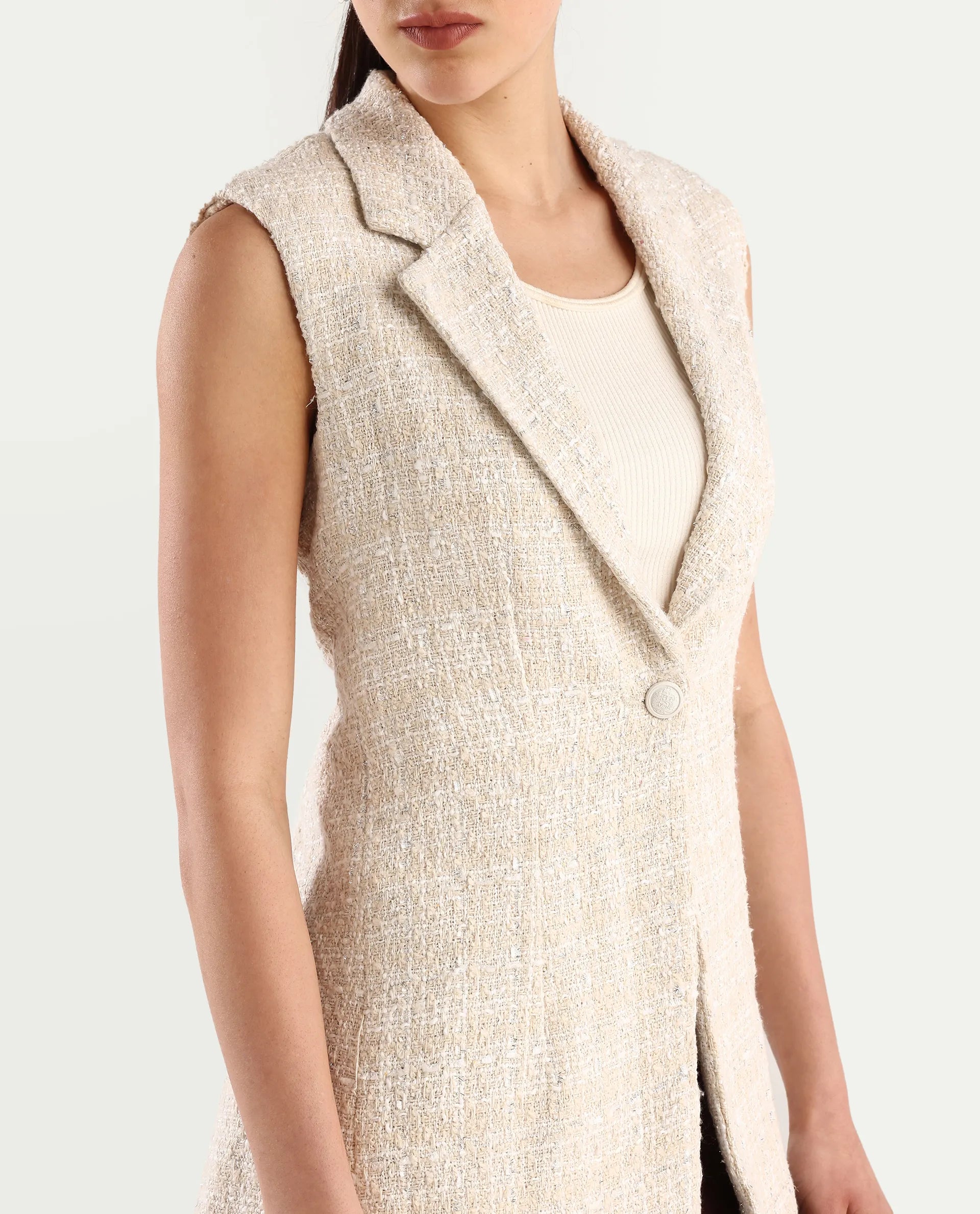 Rareism Women's Vadzai Beige Polyester Blend Lapel Neck Plain Sleeveless Mini Fitted Waist Coat