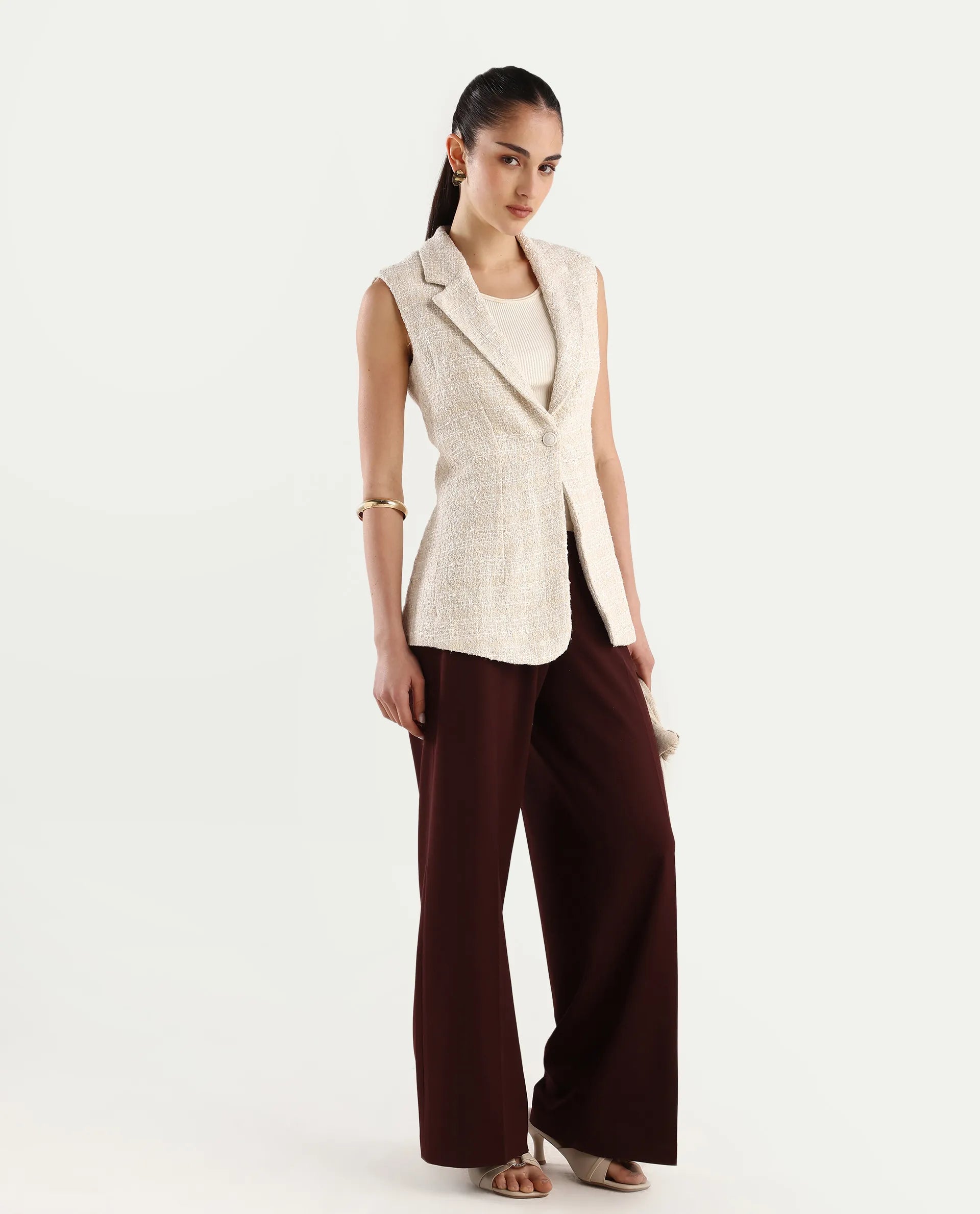 Rareism Women's Vadzai Beige Polyester Blend Lapel Neck Plain Sleeveless Mini Fitted Waist Coat