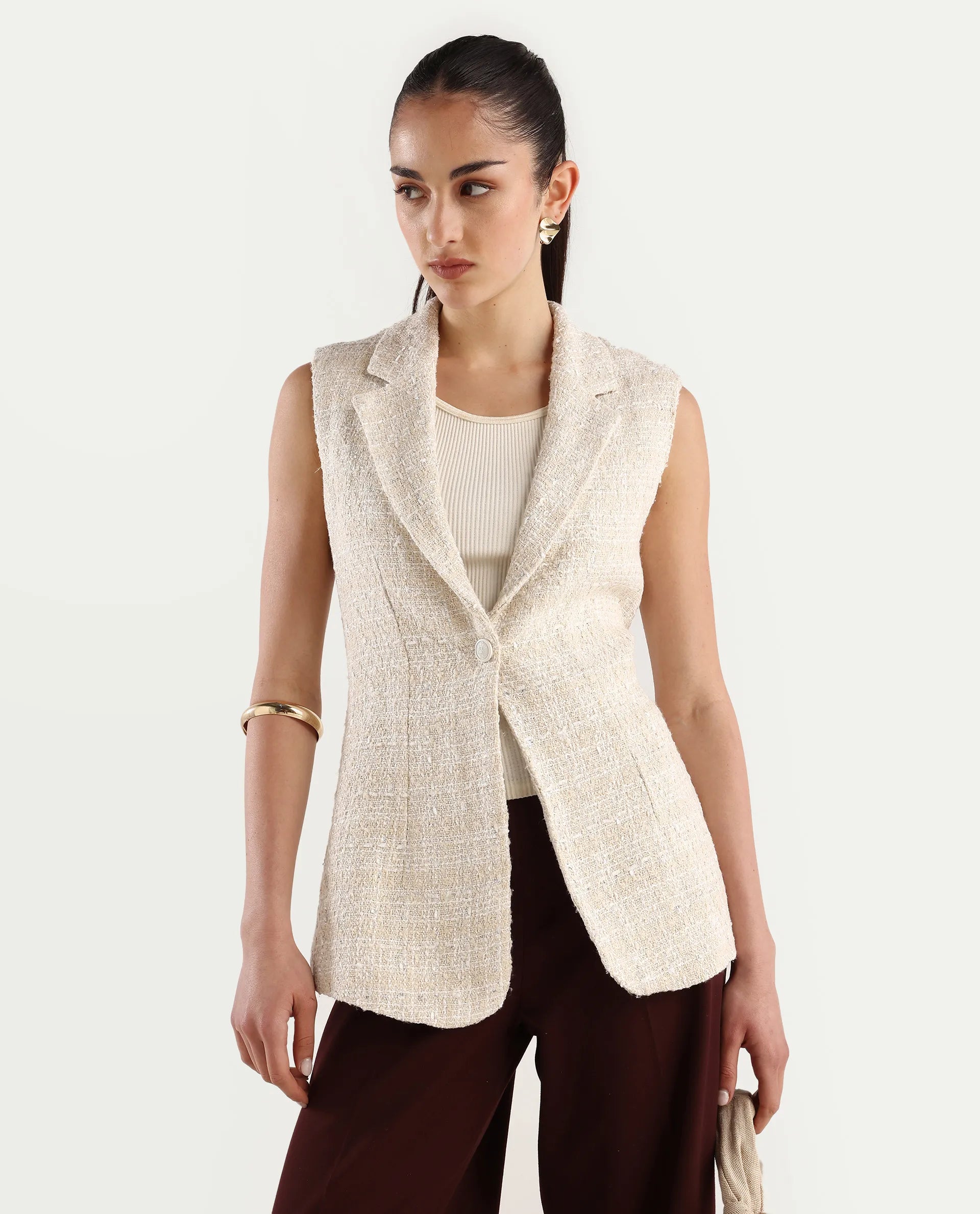Rareism Women's Vadzai Beige Polyester Blend Lapel Neck Plain Sleeveless Mini Fitted Waist Coat