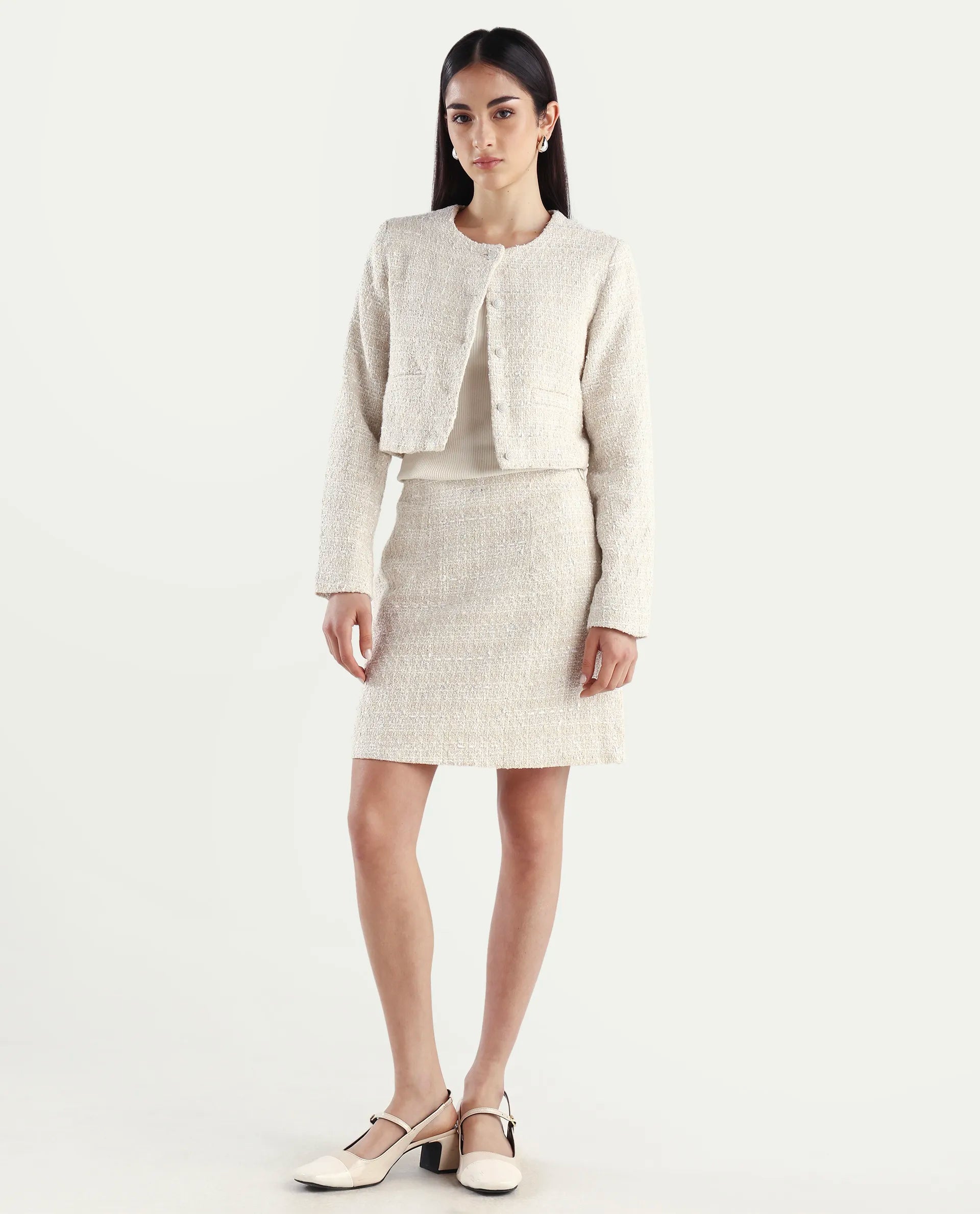 Rareism Women's Vadzai B Beige Polyester Blend Plain Mini Fitted Skirt