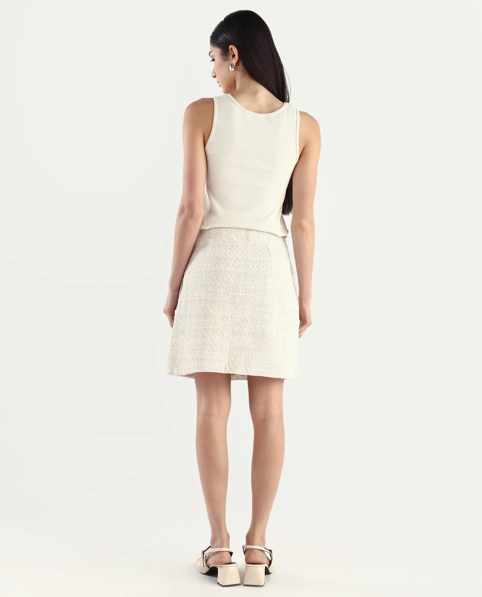 Rareism Women's Vadzai B Beige Polyester Blend Plain Mini Fitted Skirt