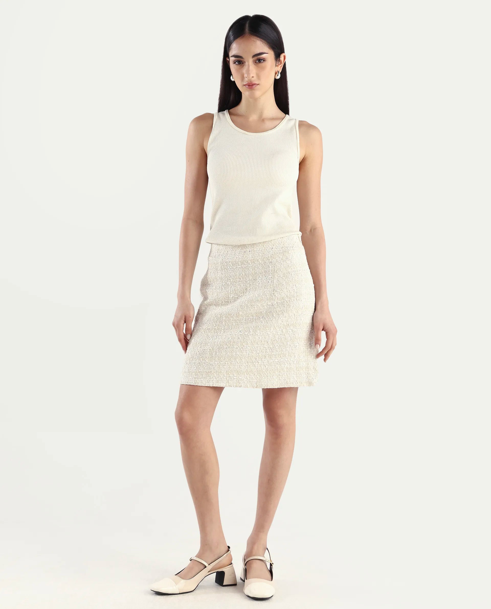 Rareism Women's Vadzai B Beige Polyester Blend Plain Mini Fitted Skirt