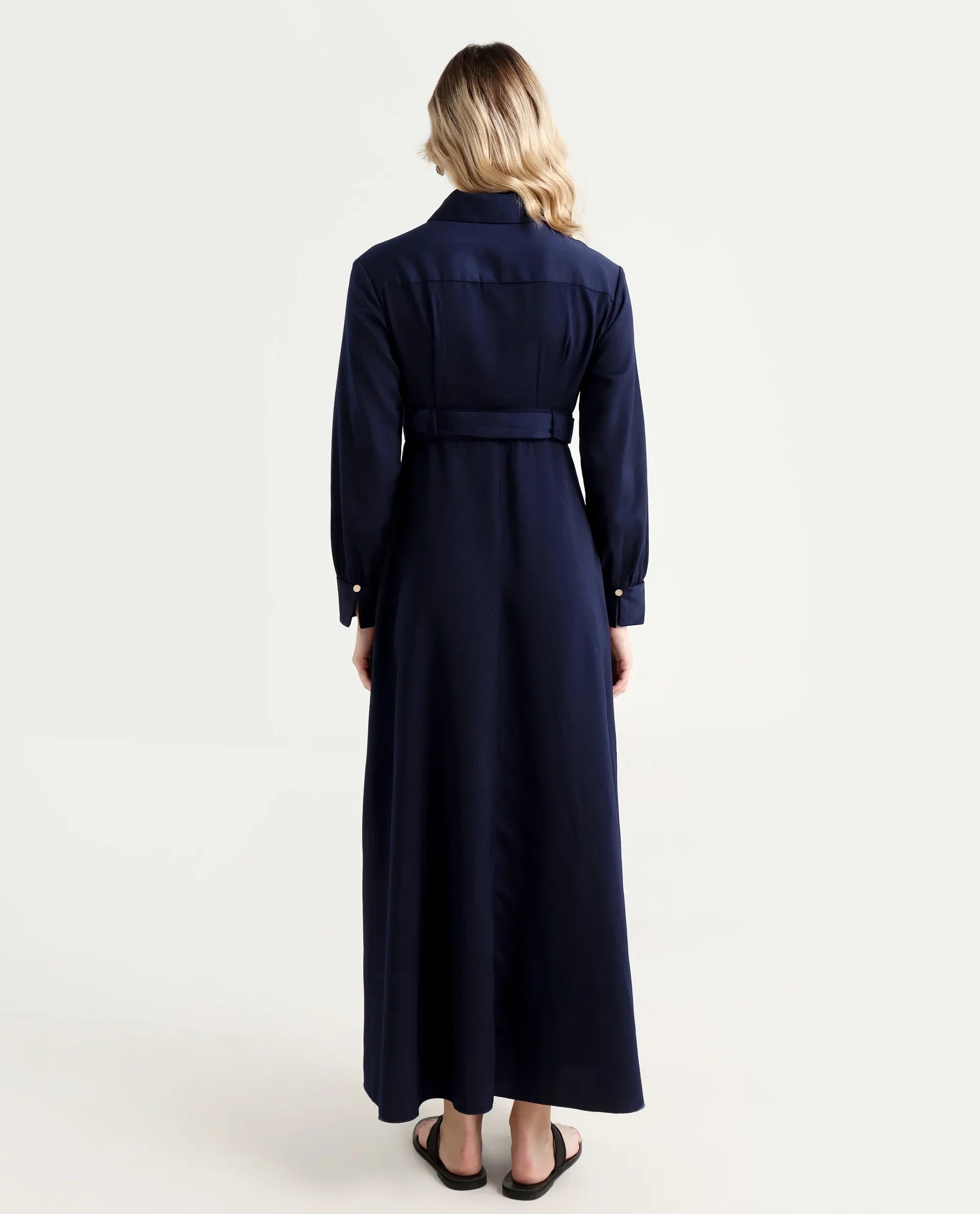 Rareism Women's Vanadzor Navy Satin Drop Collar Plain Bishop Sleeve Maxi Flared Dress