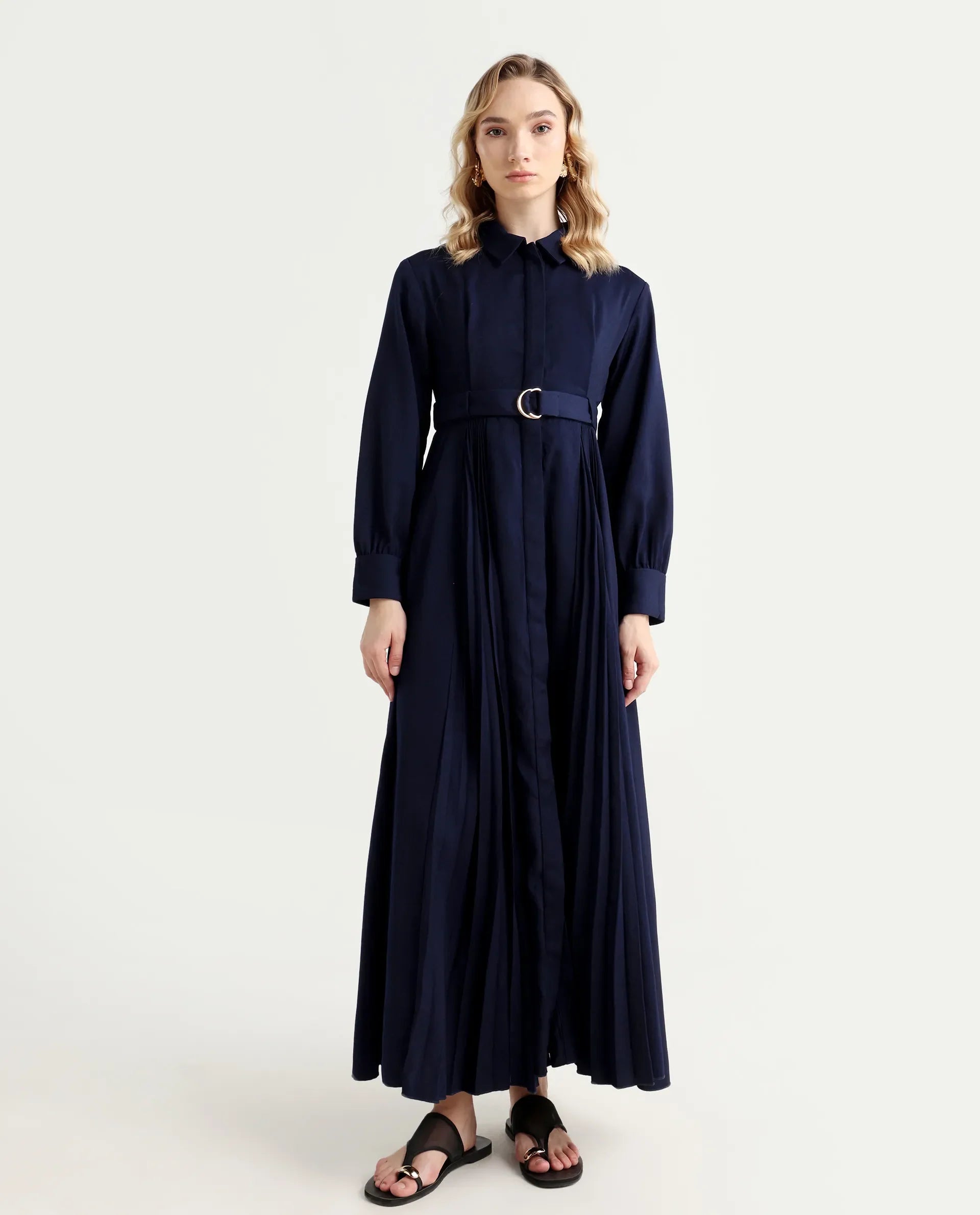 Rareism Women's Vanadzor Navy Satin Drop Collar Plain Bishop Sleeve Maxi Flared Dress