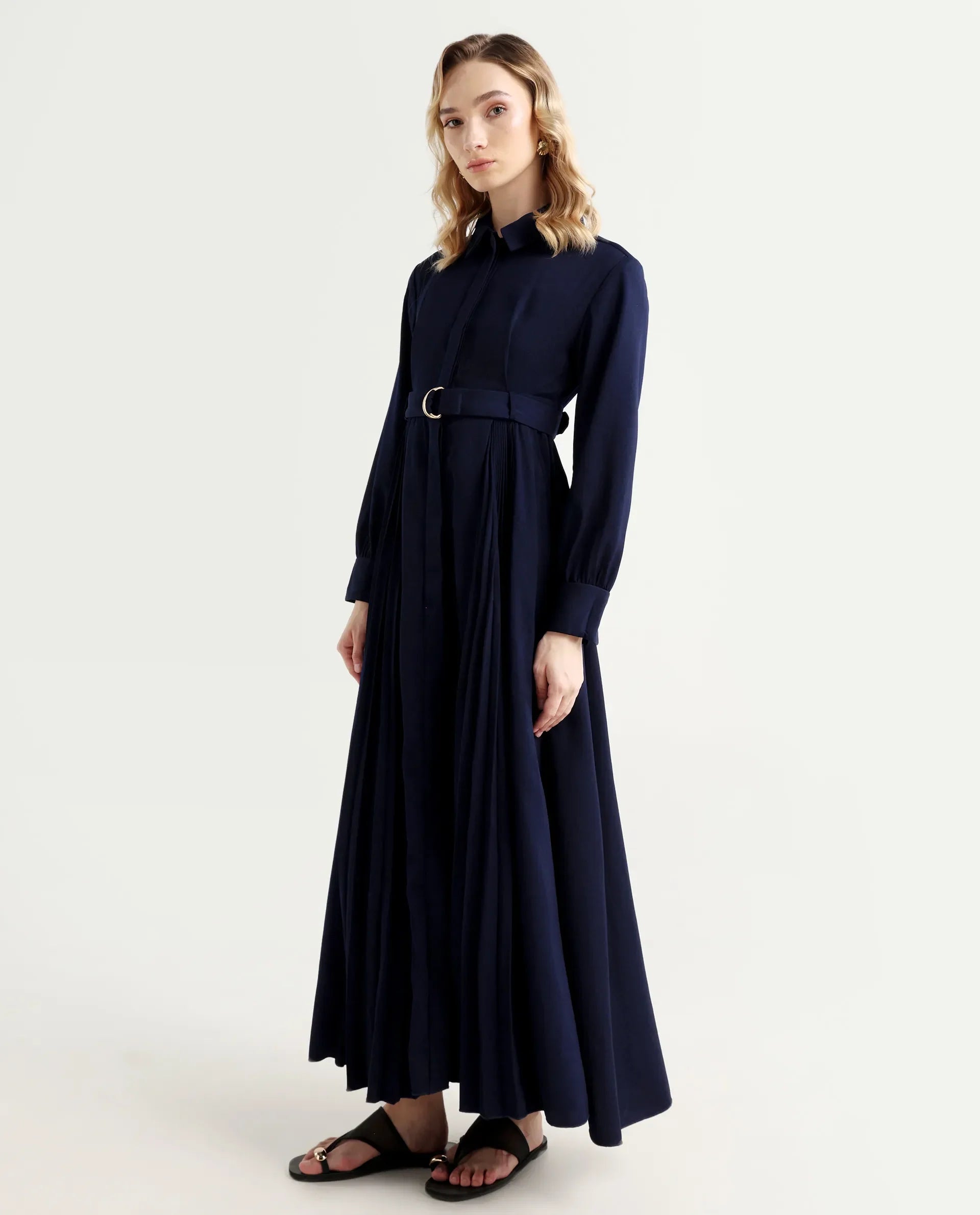 Rareism Women's Vanadzor Navy Satin Drop Collar Plain Bishop Sleeve Maxi Flared Dress