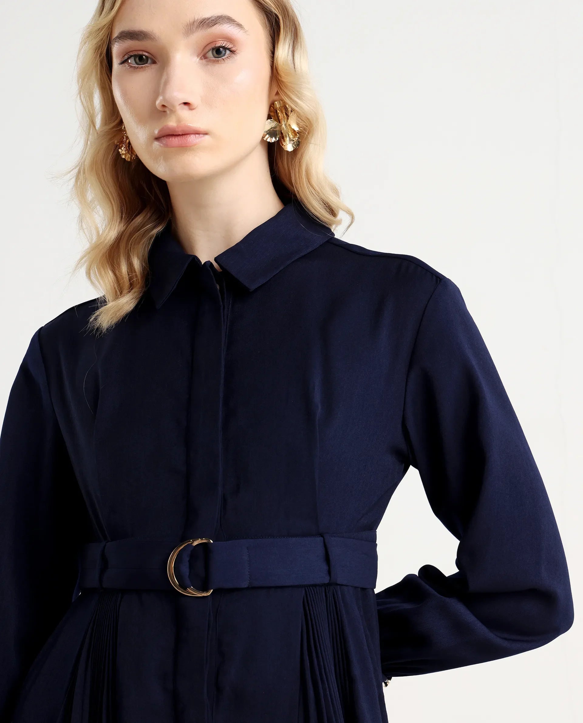 Rareism Women's Vanadzor Navy Satin Drop Collar Plain Bishop Sleeve Maxi Flared Dress