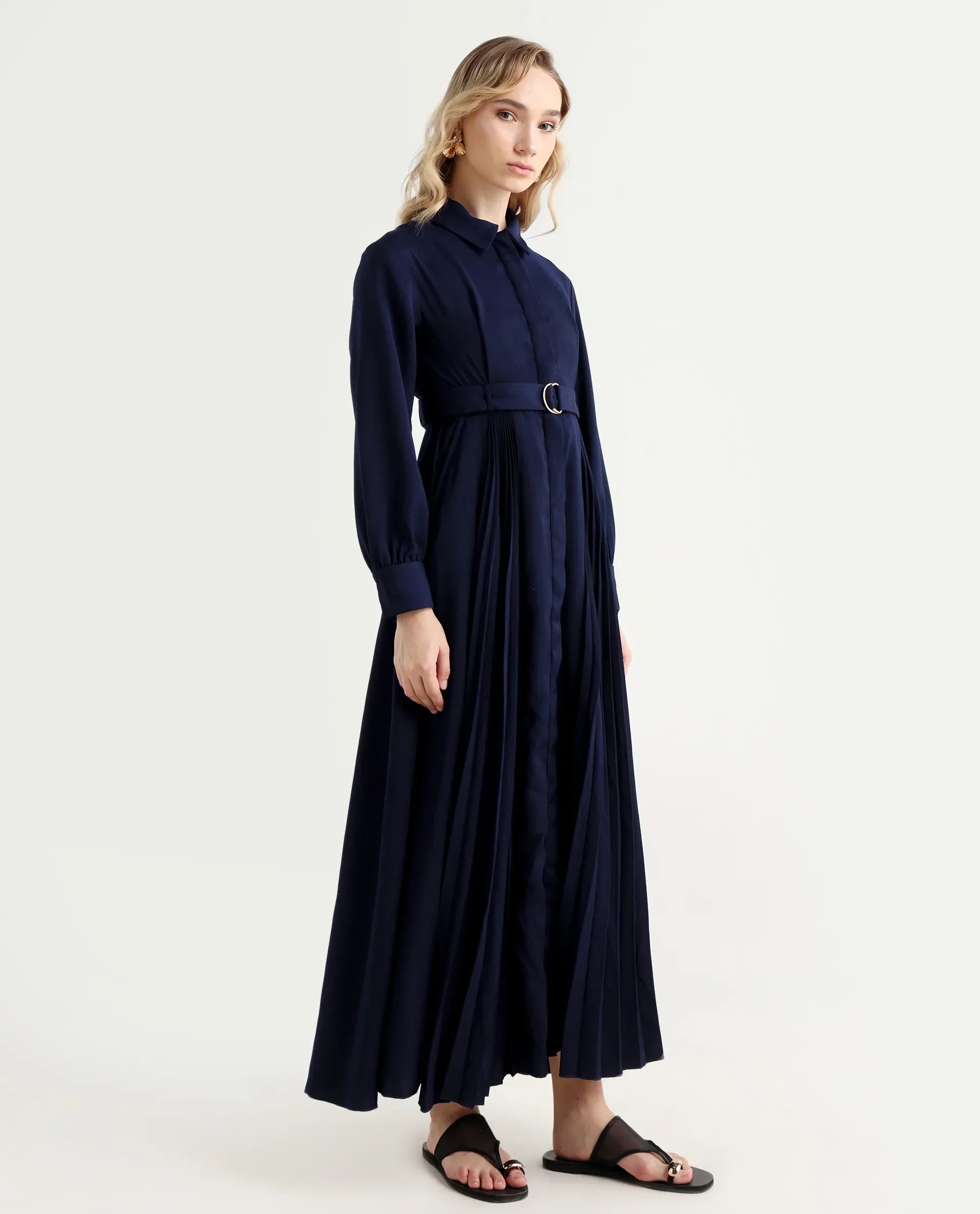 Rareism Women's Vanadzor Navy Satin Drop Collar Plain Bishop Sleeve Maxi Flared Dress