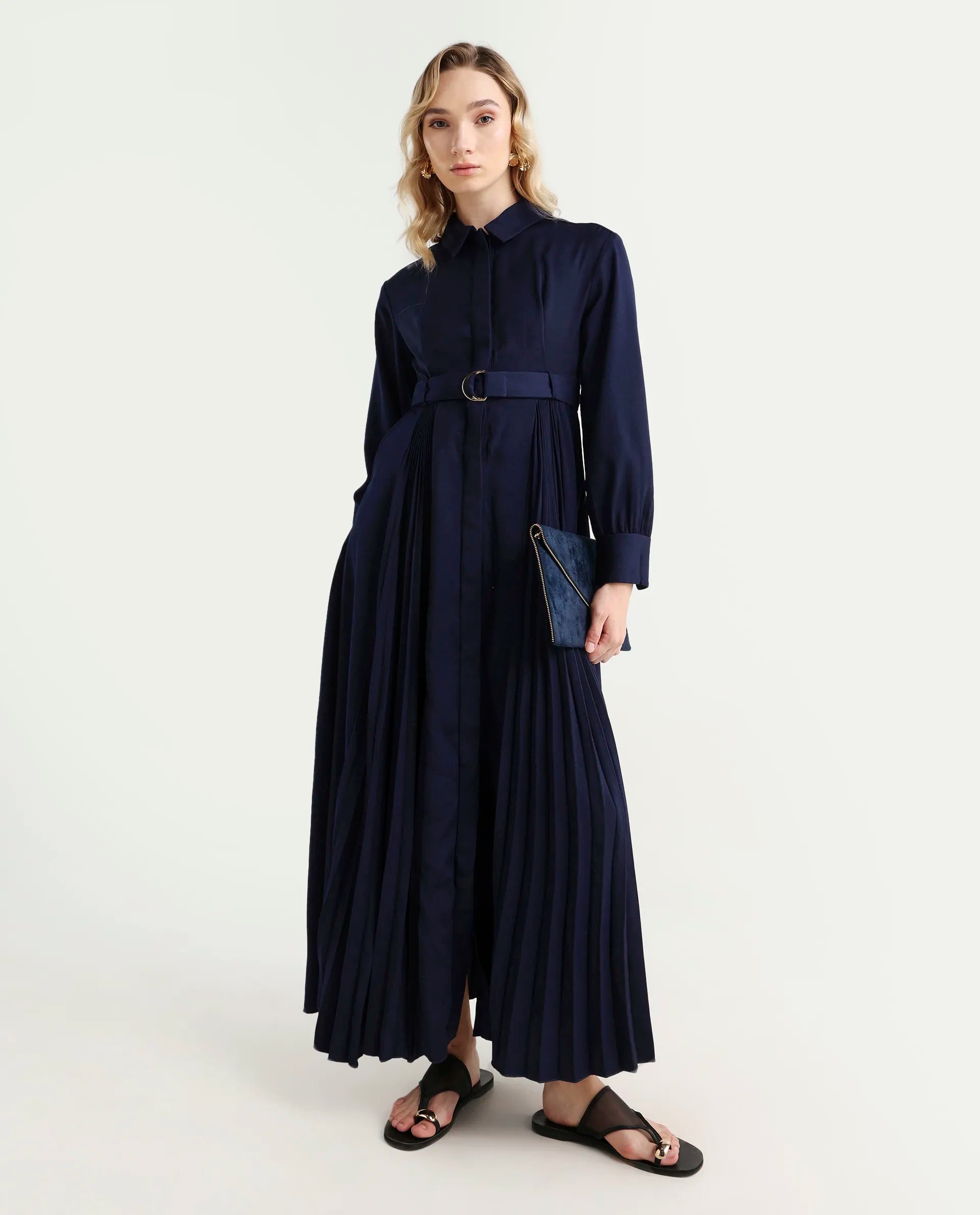 Rareism Women's Vanadzor Navy Satin Drop Collar Plain Bishop Sleeve Maxi Flared Dress