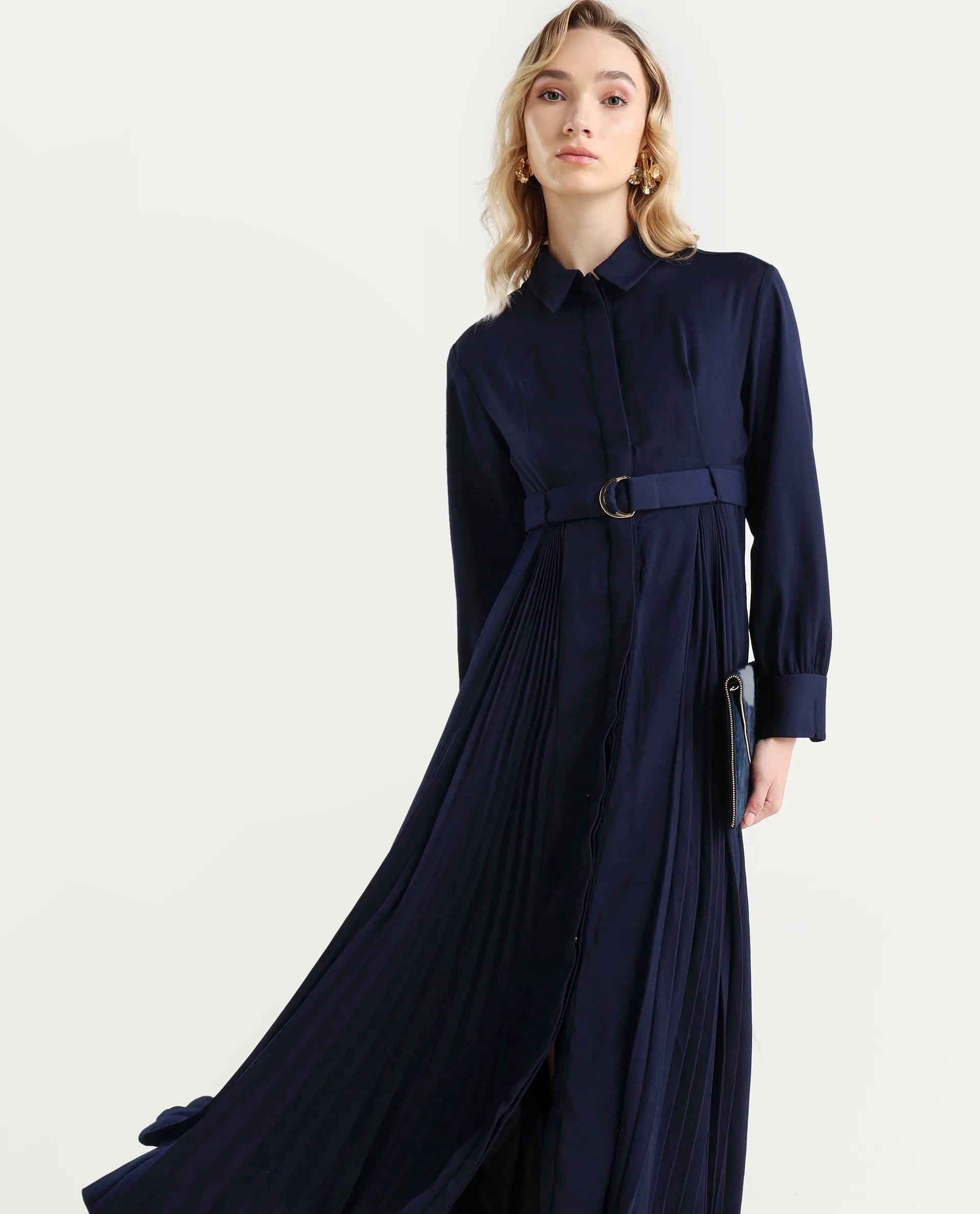 Rareism Women's Vanadzor Navy Satin Drop Collar Plain Bishop Sleeve Maxi Flared Dress
