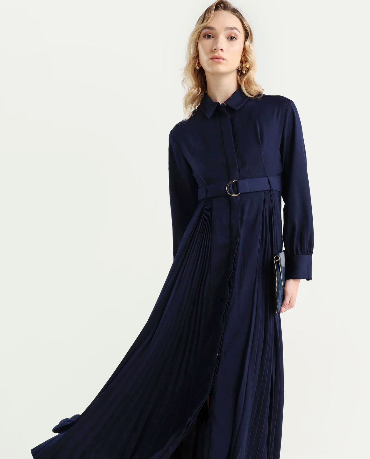 Rareism Women's Vanadzor Navy Satin Drop Collar Plain Bishop Sleeve Maxi Flared Dress