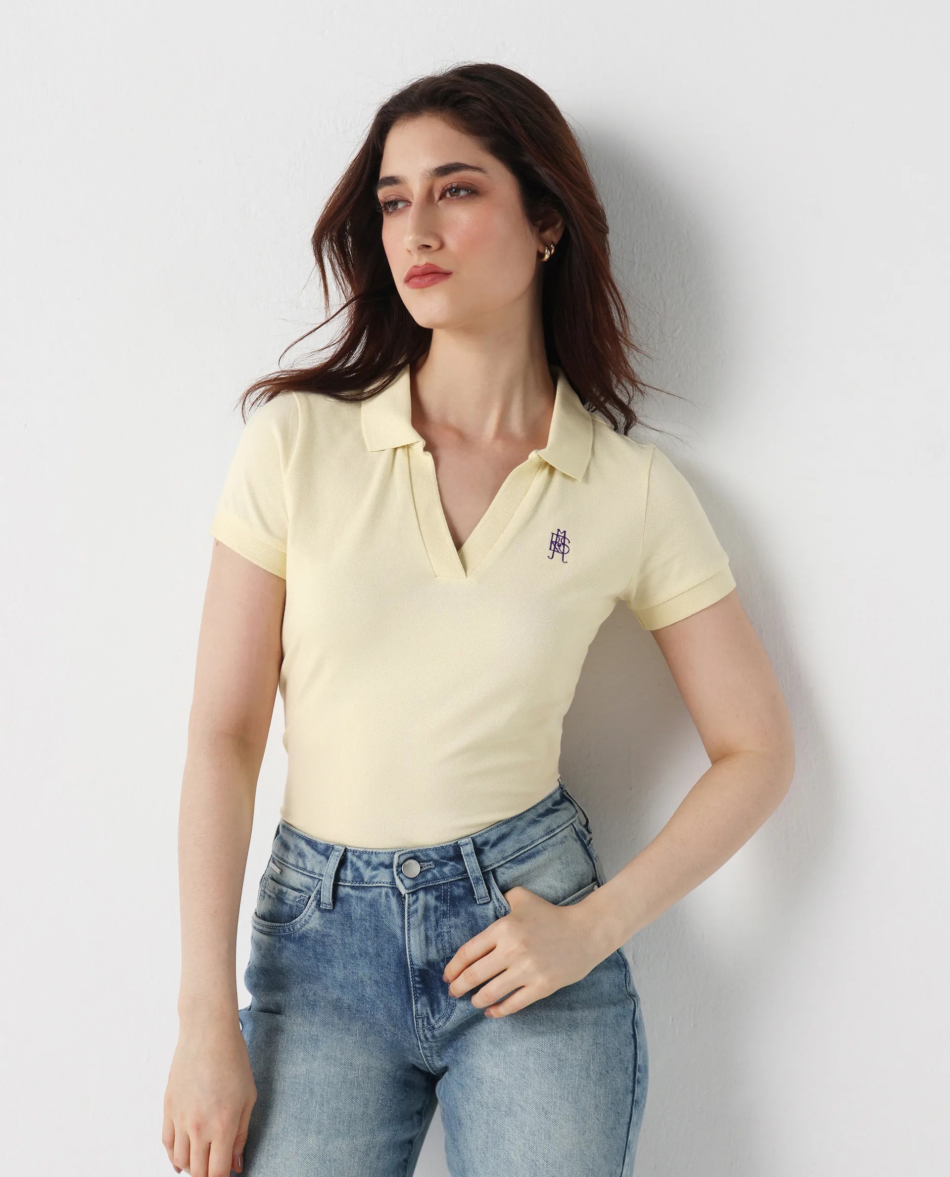 Rareism Women's Van Light Yellow Cotton Blend Polo Neck Plain Regular Fit Polo
