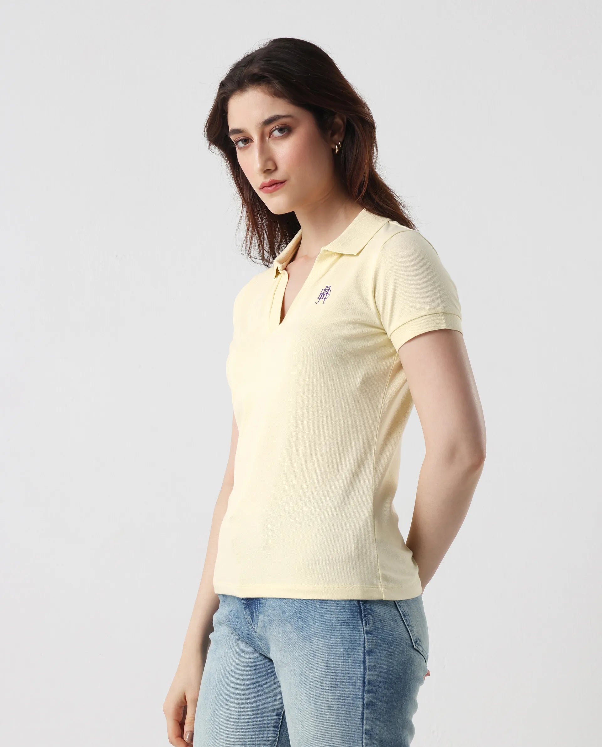 Rareism Women's Van Light Yellow Cotton Blend Polo Neck Plain Regular Fit Polo