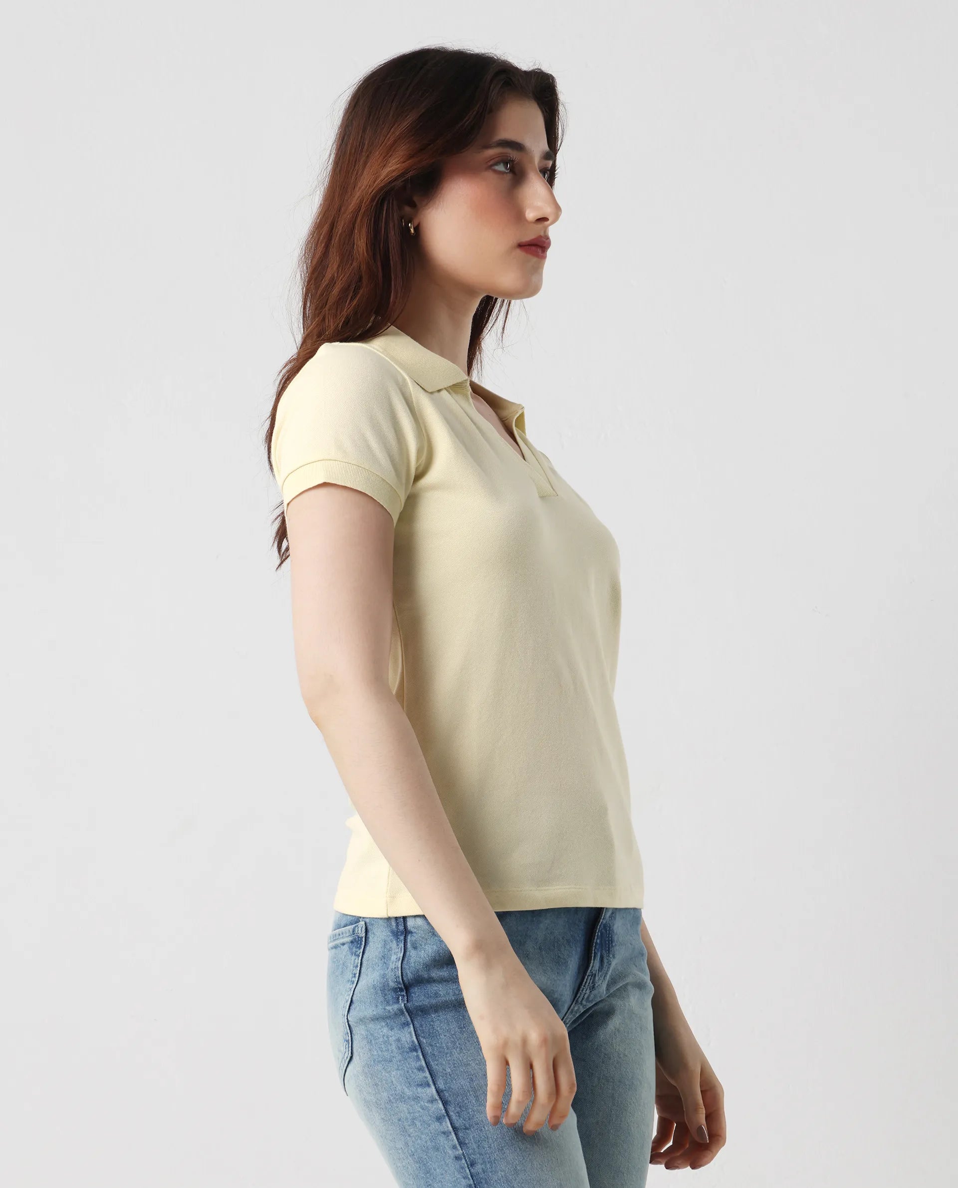 Rareism Women's Van Light Yellow Cotton Blend Polo Neck Plain Regular Fit Polo