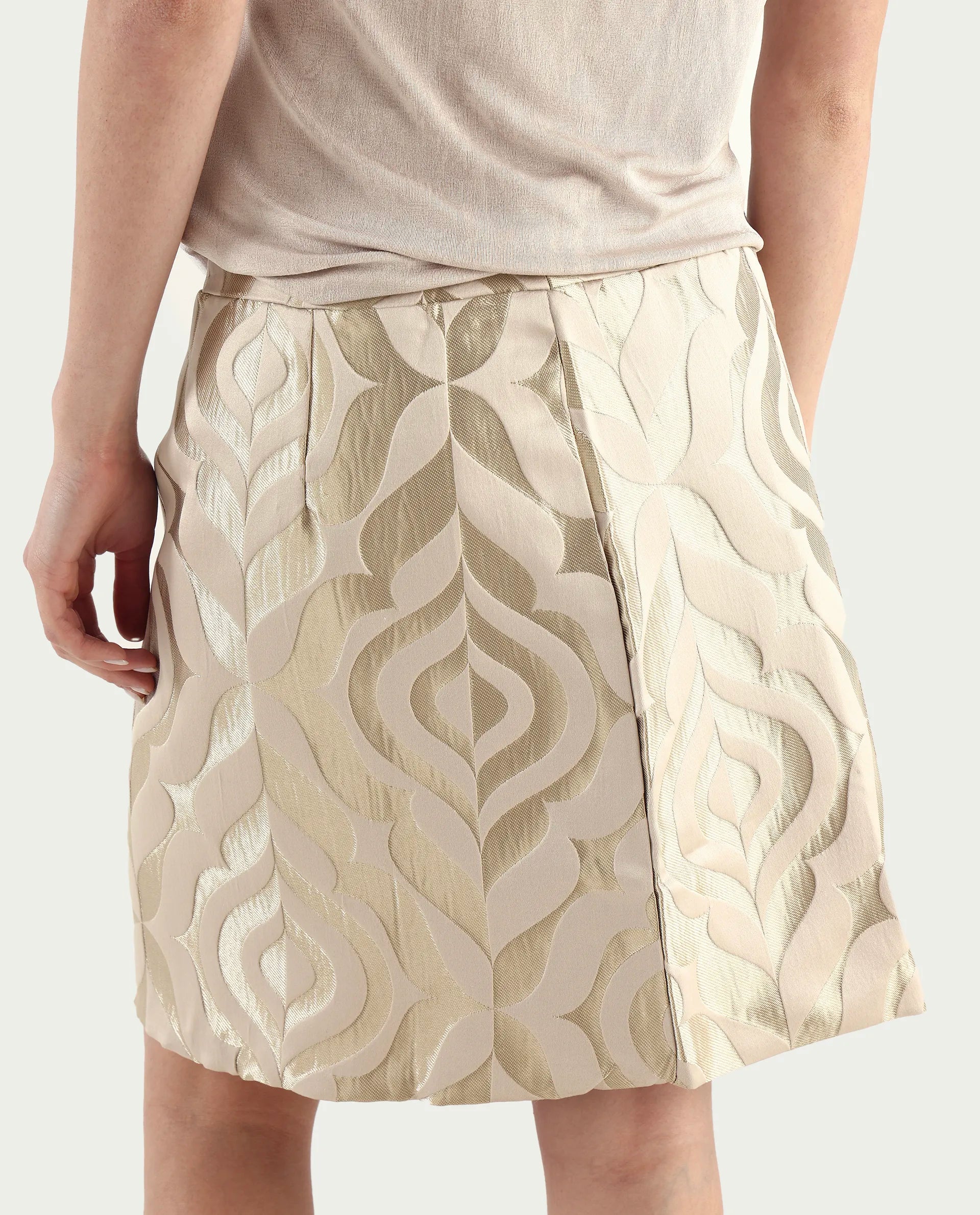 Rareism Women's Vegor B Metallic Gold Polyester Blend Jacquard Mini Regular Fit Skirt