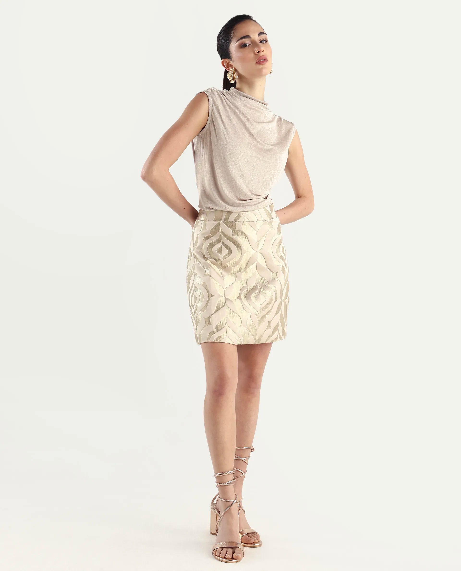 Rareism Women's Vegor B Metallic Gold Polyester Blend Jacquard Mini Regular Fit Skirt