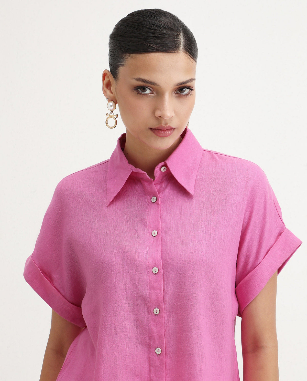 Rareism Women's Venezuela Light Pink Cotton Blend Drop Collar Plain Extended Sleeves Relaxed Fit Shirt