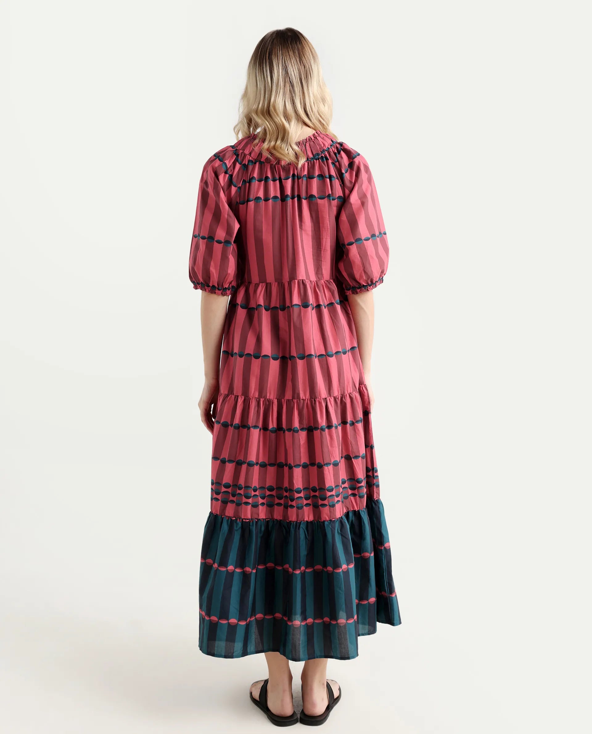 Rareism Women's Vero Maroon Cotton Tie-Up Neck Geometric Print Puff Sleeves Knee Length Regular Fit Dress