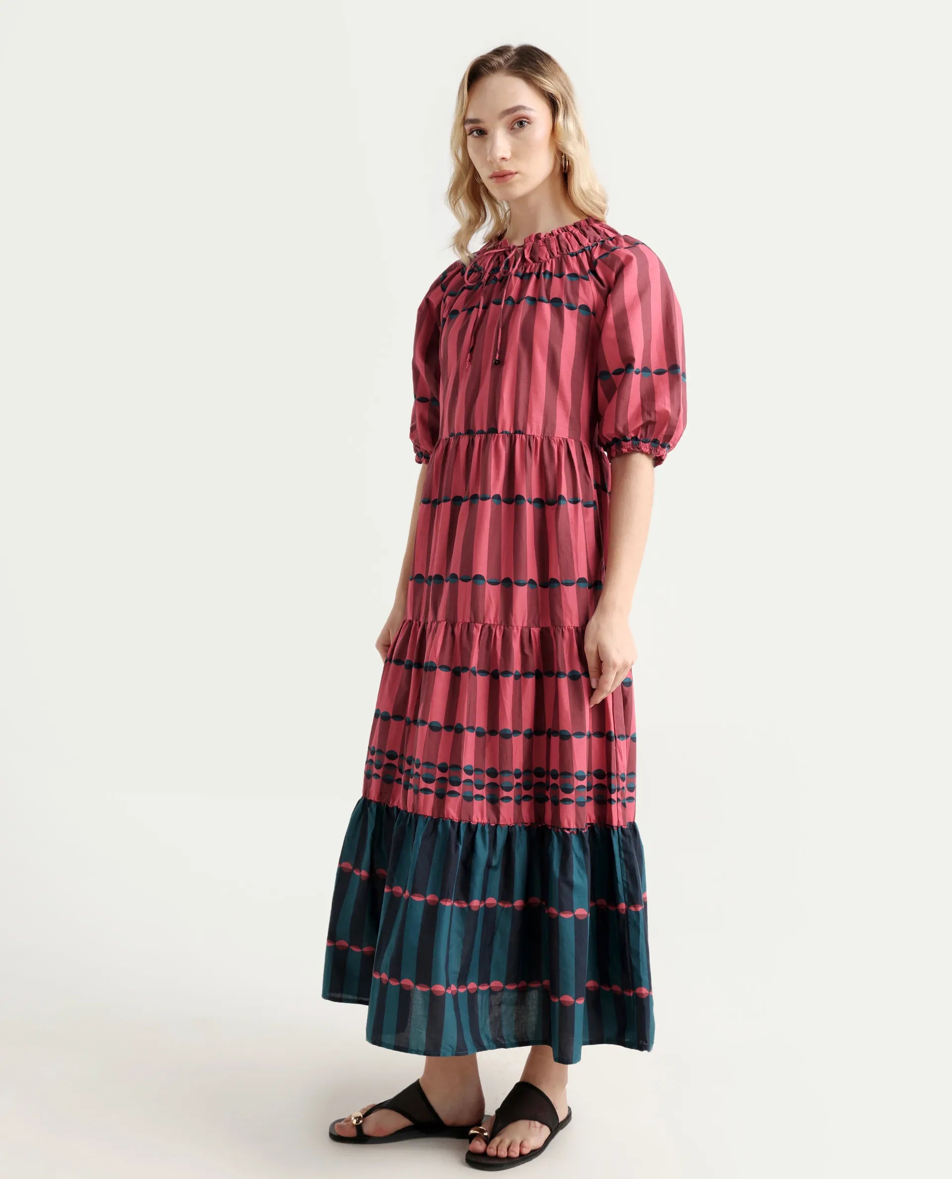 Rareism Women's Vero Maroon Cotton Tie-Up Neck Geometric Print Puff Sleeves Knee Length Regular Fit Dress