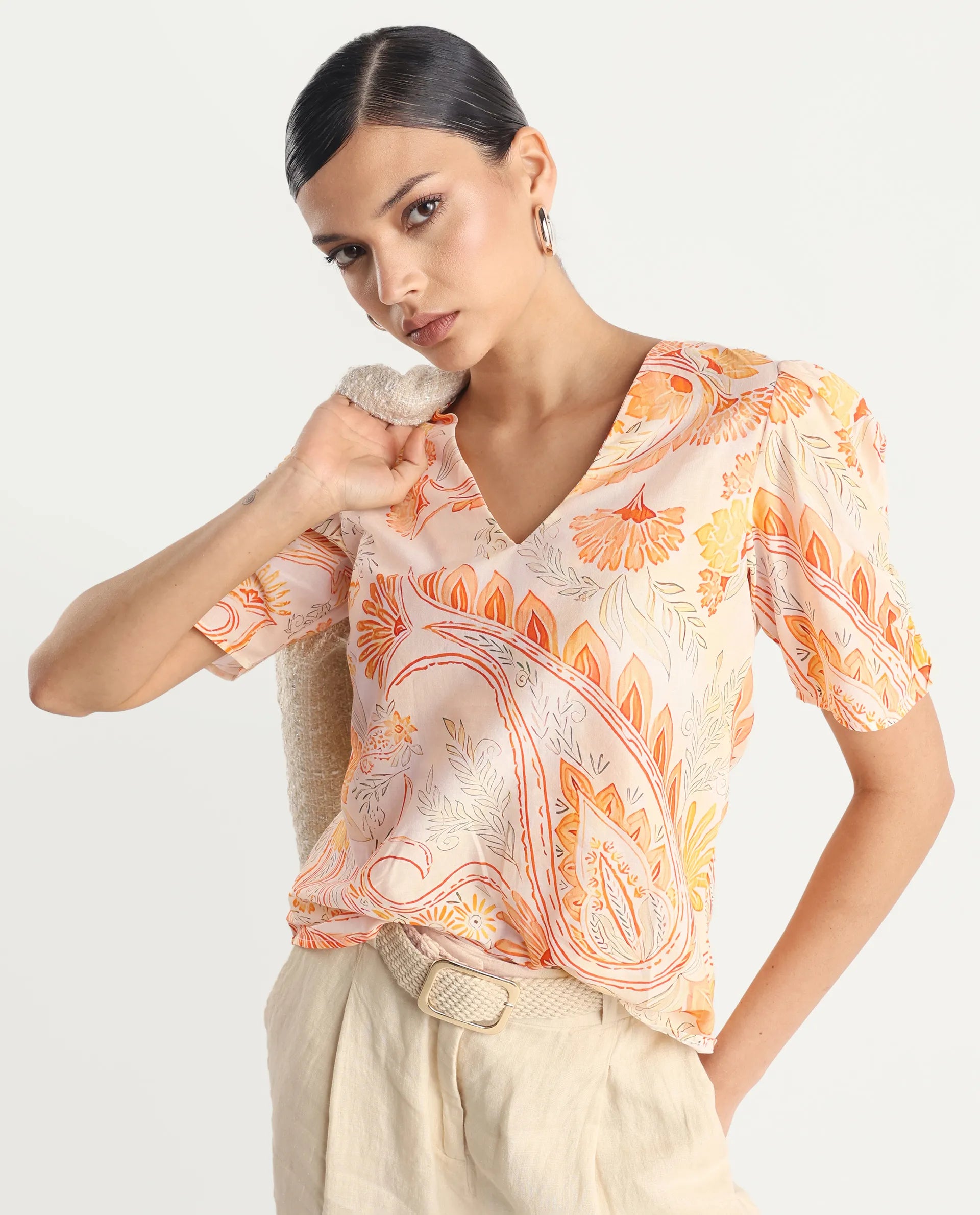 Rareism Women's Vigeveno Light Multi Cotton V-Neck Paisley Print Puff Sleeves Regular Fit Top