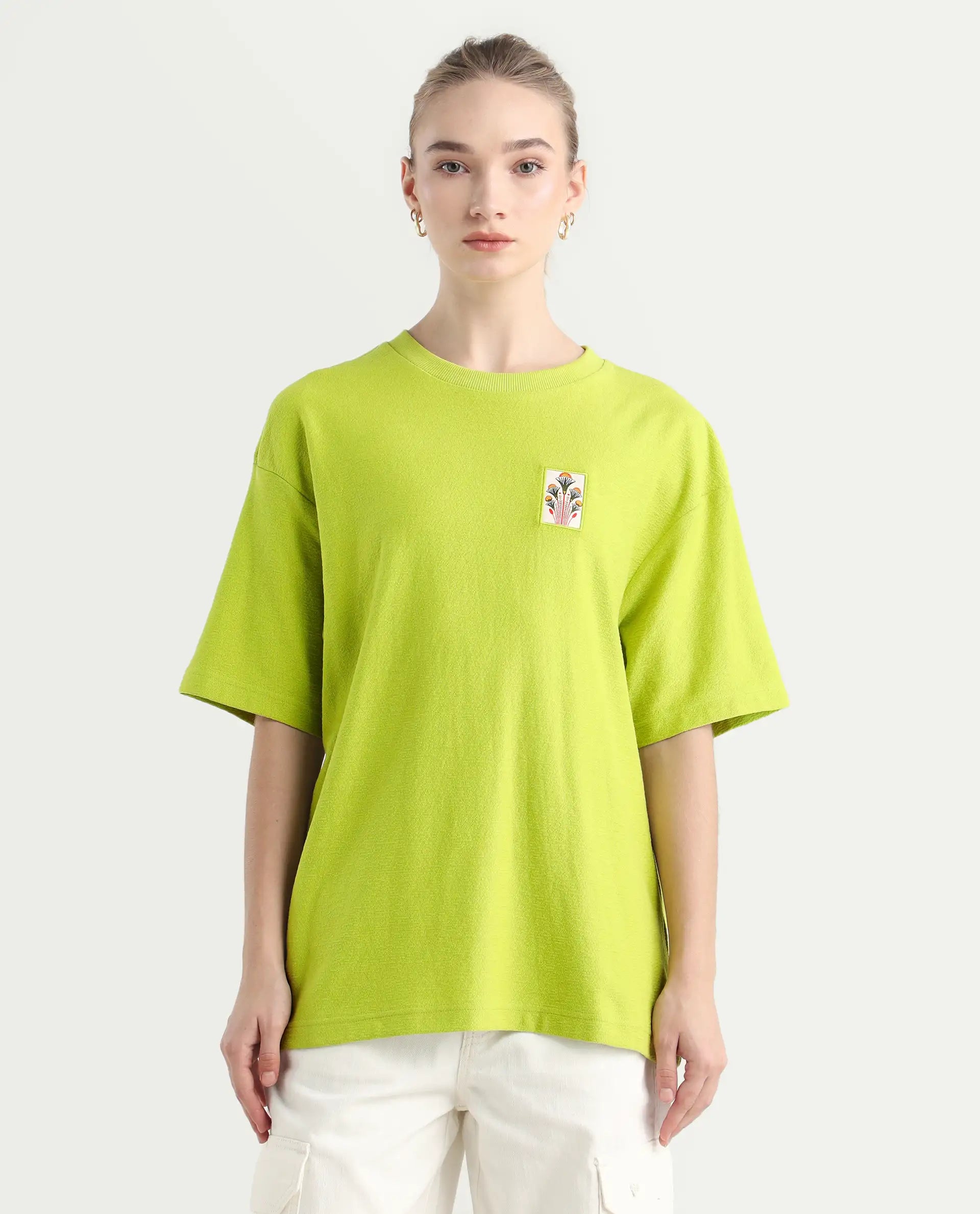 Rareism Women's Volo Green Cotton Graphic Print Oversized T-Shirt