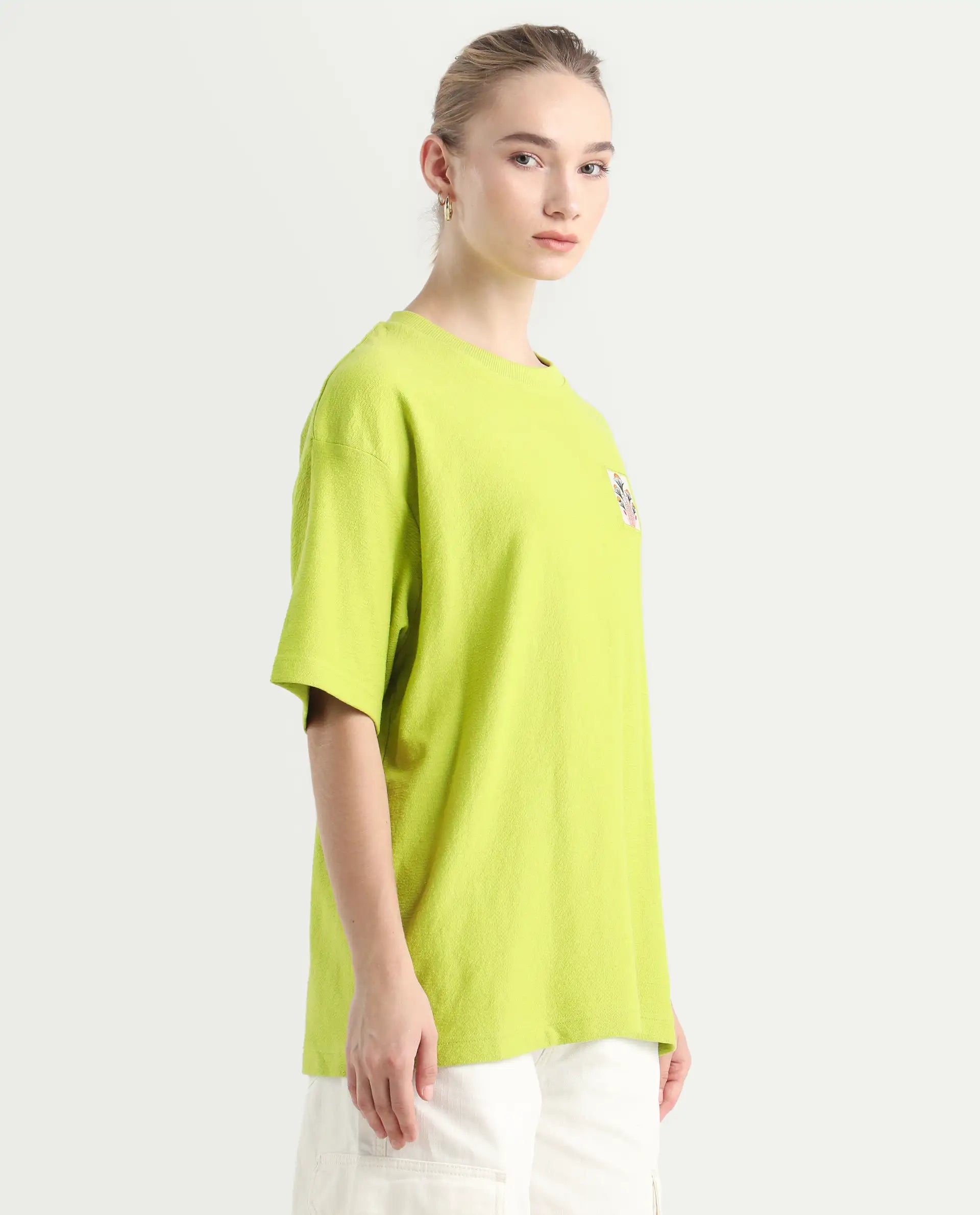 Rareism Women's Volo Green Cotton Graphic Print Oversized T-Shirt