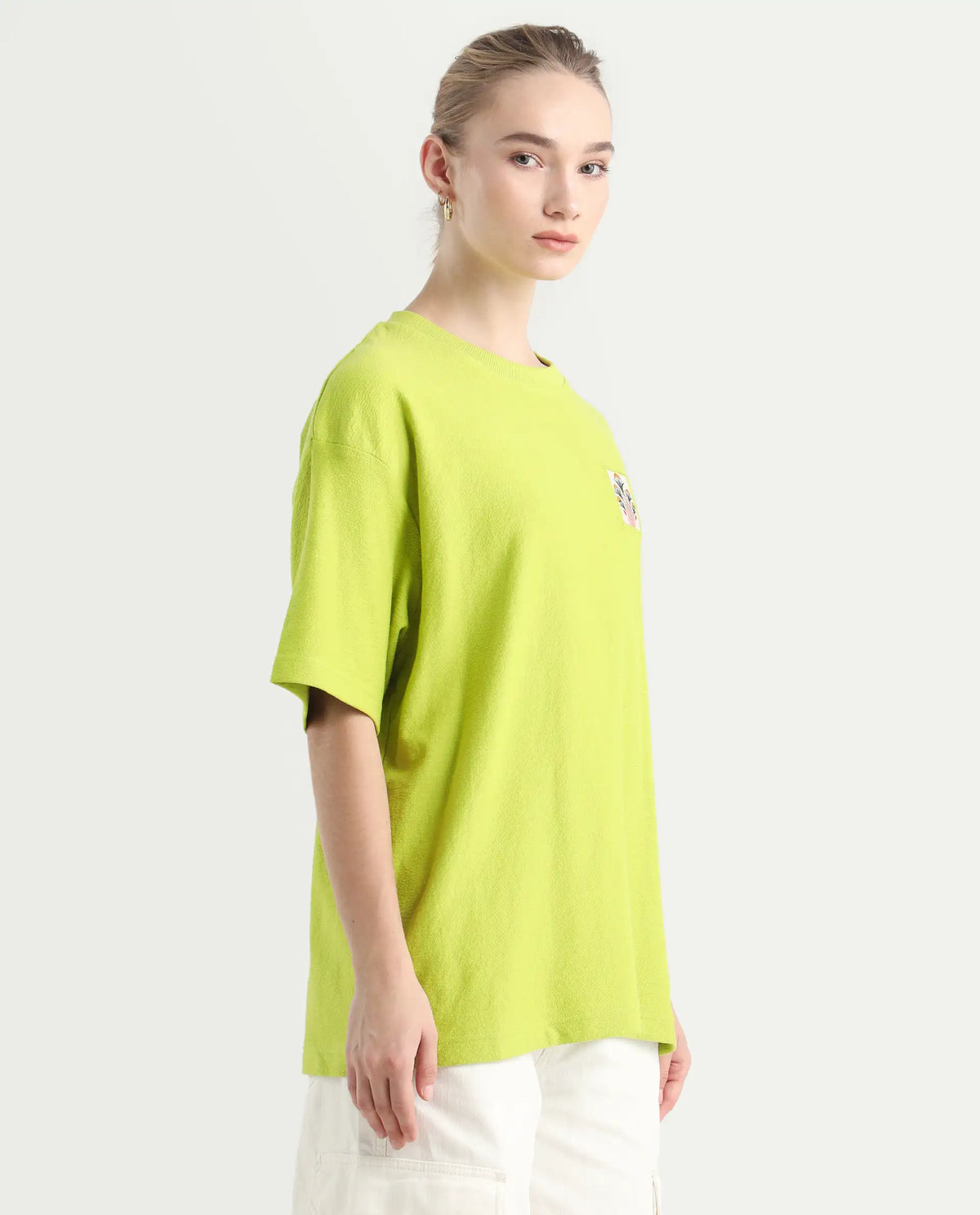 Rareism Women's Volo Green Cotton Graphic Print Oversized T-Shirt