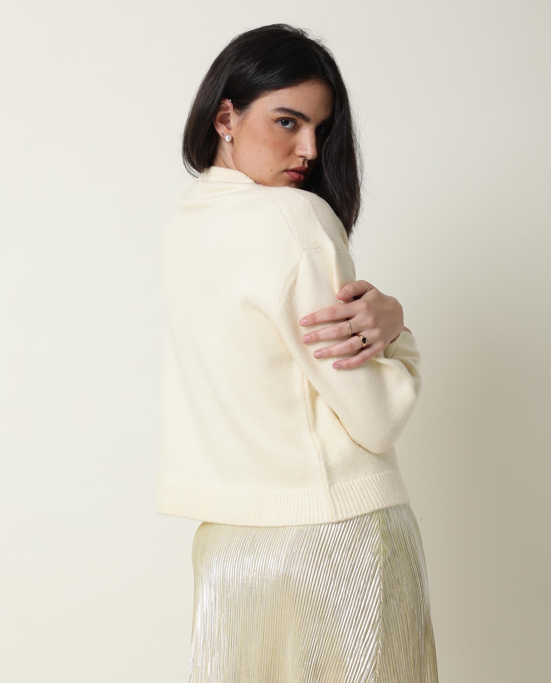 Rareism Women's Tulsy Offwhite Acrylic Crew Neck Embellished Knee Length Regular Fit Sweater