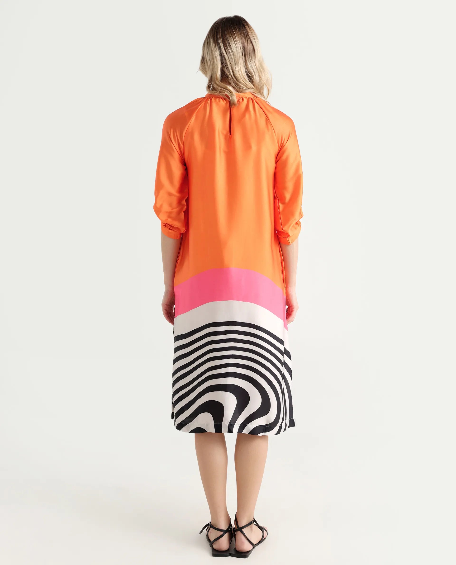 Rareism Women's Waldsa Orange Polyester Blend High Neck Abstract Print Raglan Sleeve Midi Regular Fit Dress