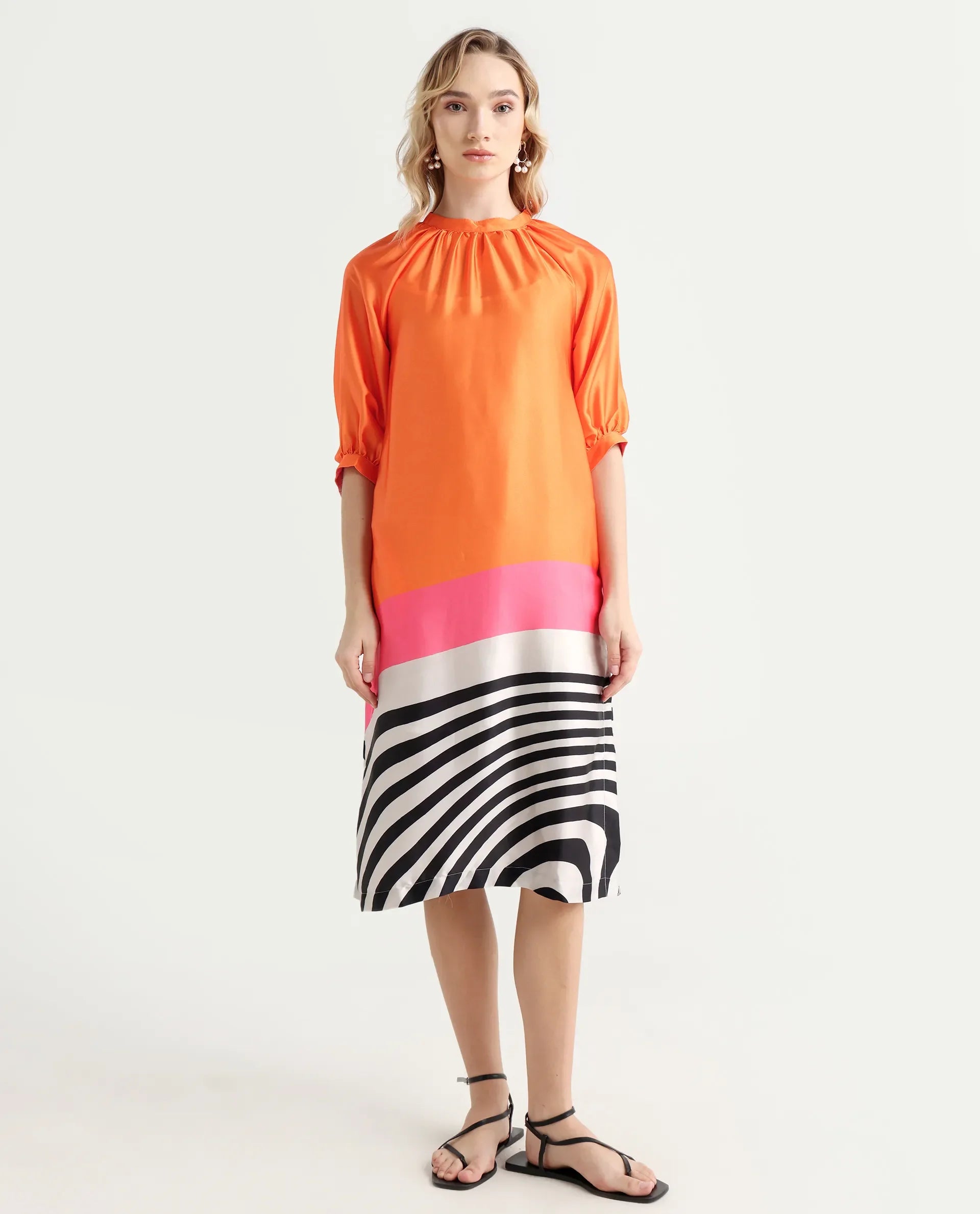 Rareism Women's Waldsa Orange Cotton High Neck Abstract Print Raglan Sleeve Midi Regular Fit Dress