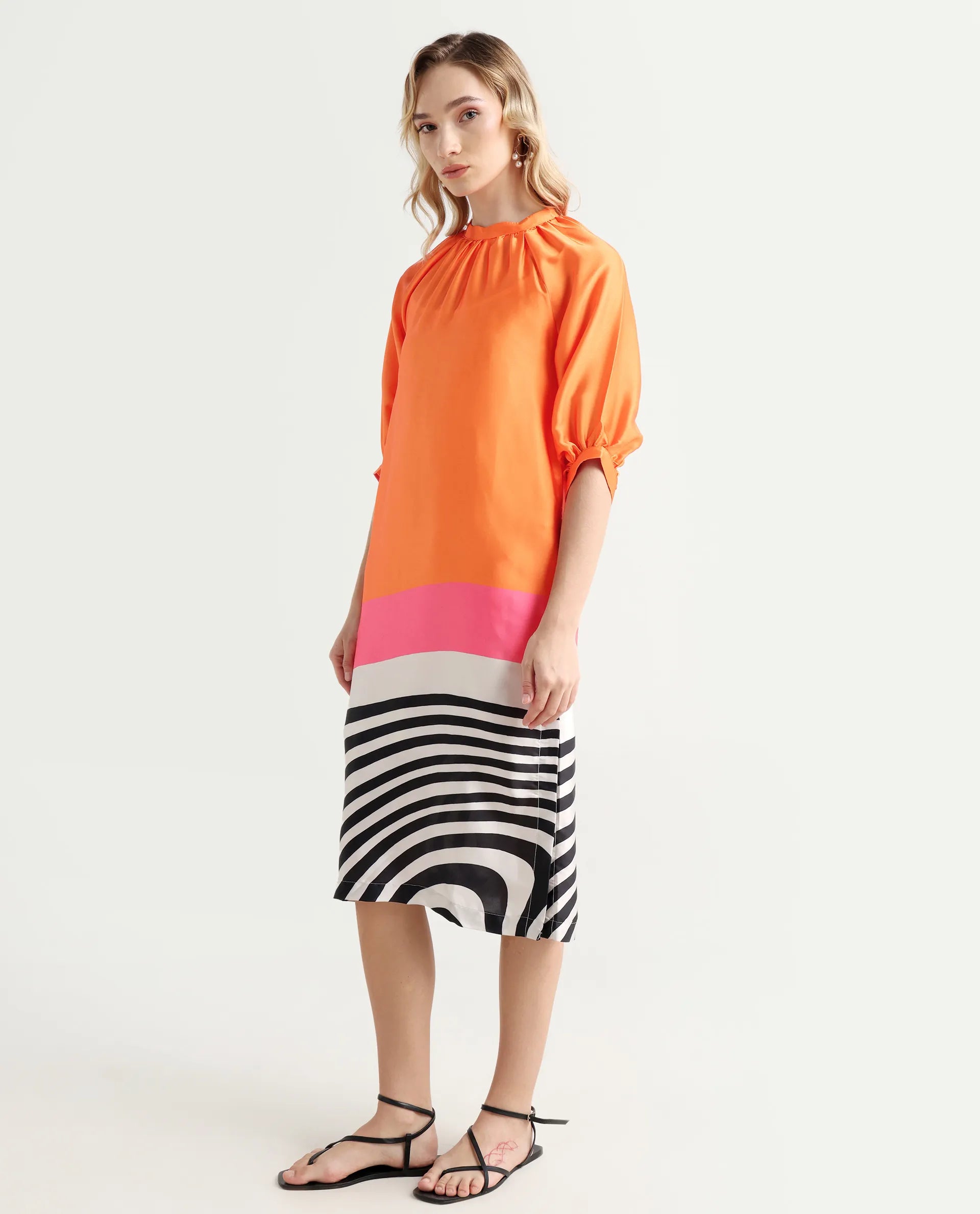 Rareism Women's Waldsa Orange Cotton High Neck Abstract Print Raglan Sleeve Midi Regular Fit Dress