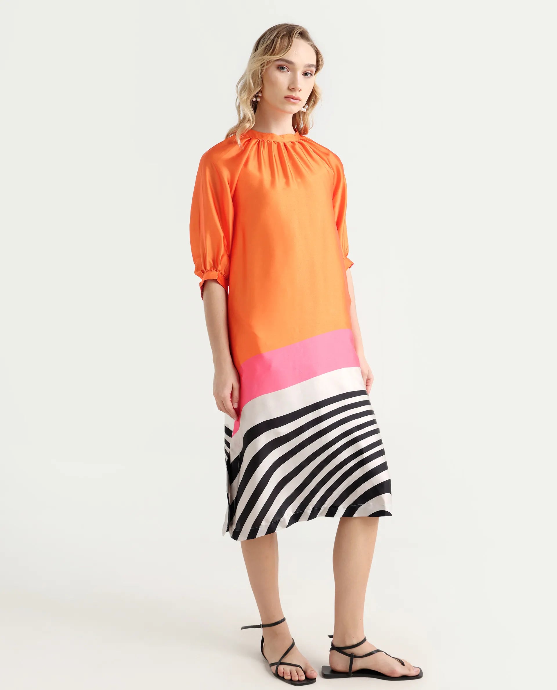 Rareism Women's Waldsa Orange Cotton High Neck Abstract Print Raglan Sleeve Midi Regular Fit Dress