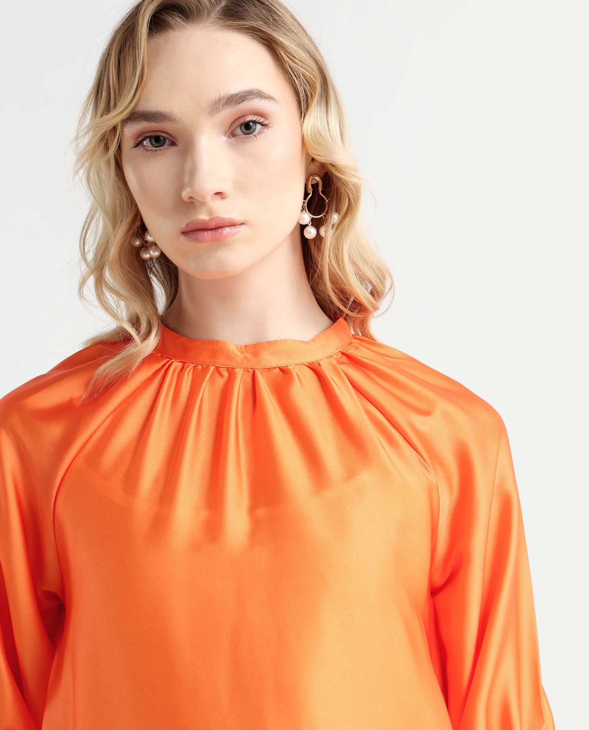 Rareism Women's Waldsa Orange Polyester Blend High Neck Abstract Print Raglan Sleeve Midi Regular Fit Dress