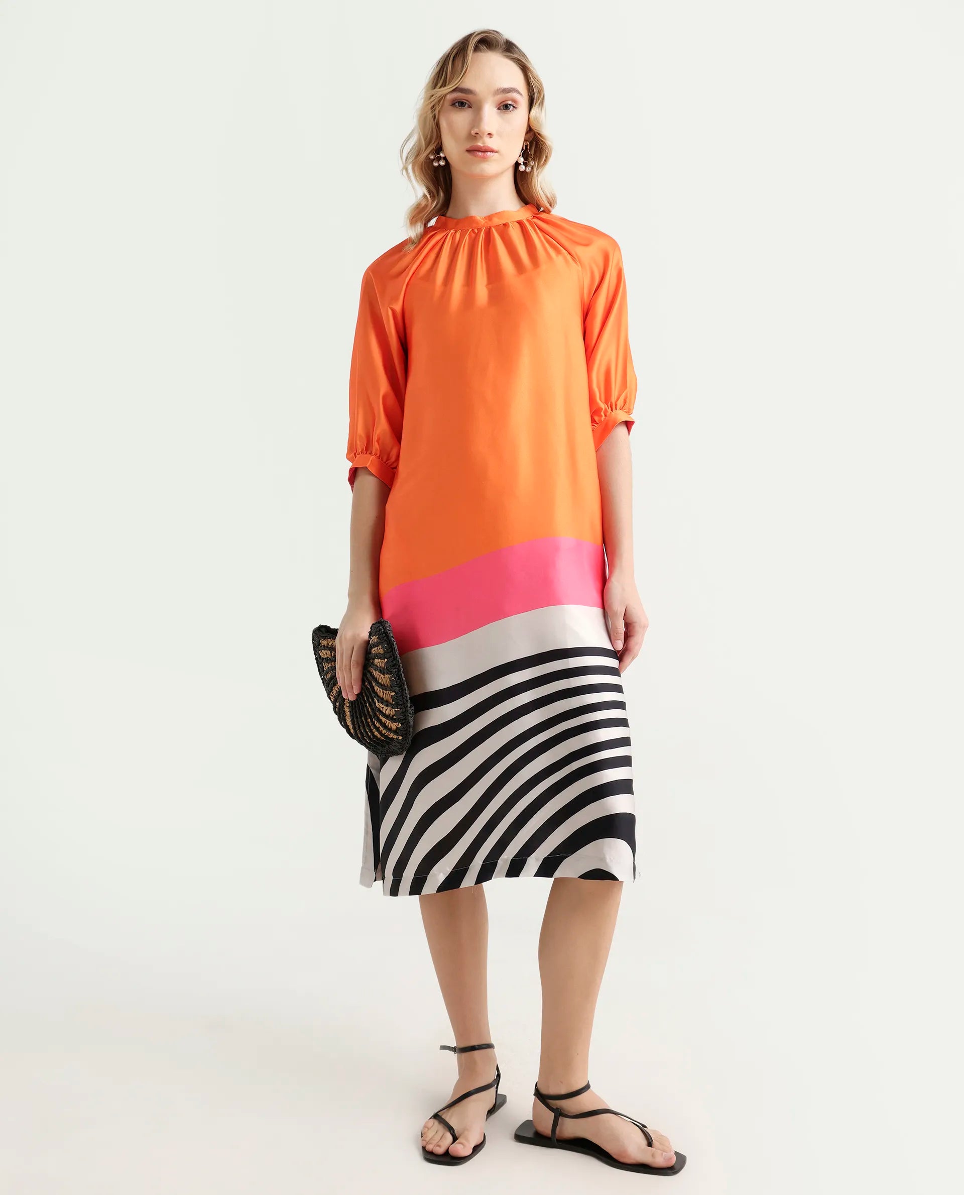 Rareism Women's Waldsa Orange Cotton High Neck Abstract Print Raglan Sleeve Midi Regular Fit Dress