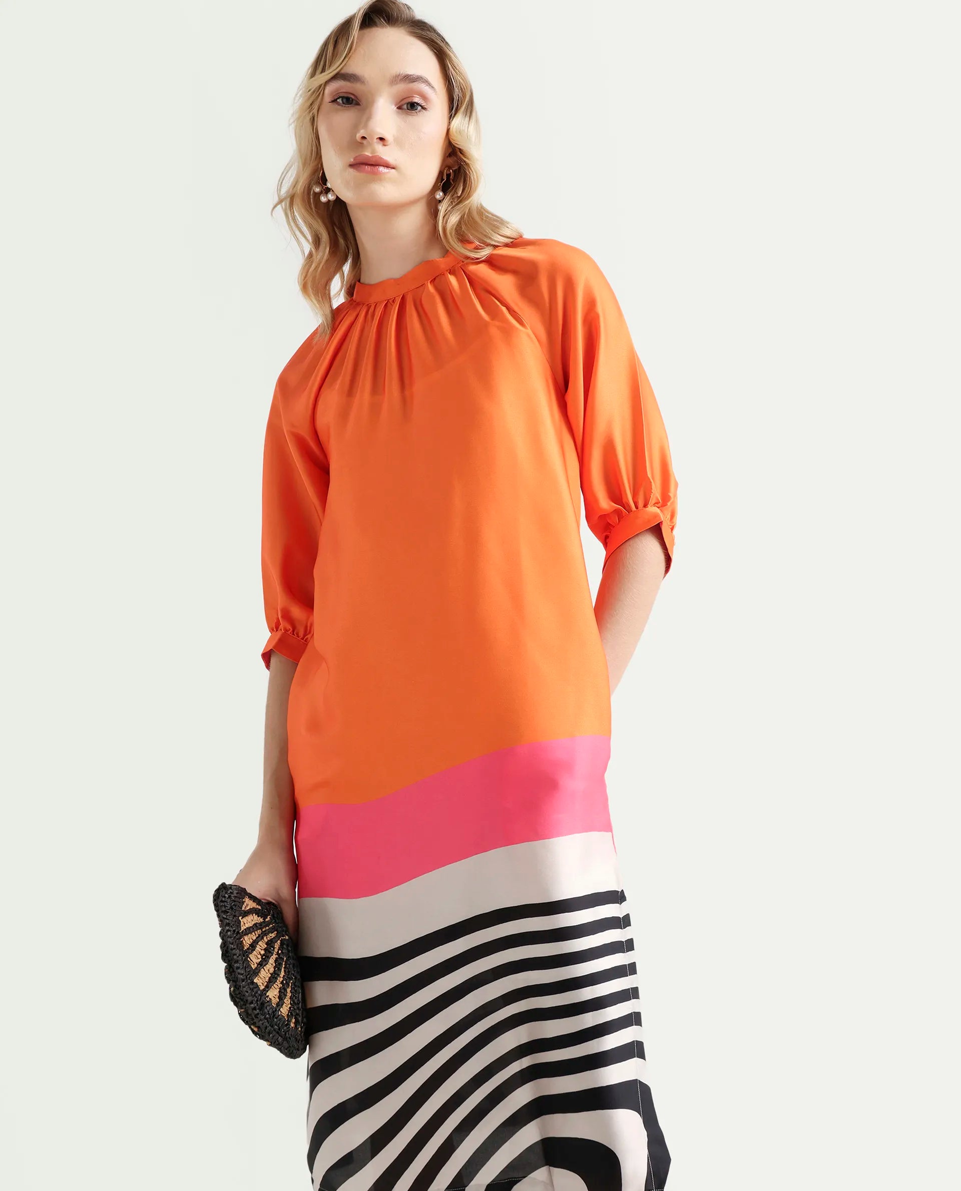 Rareism Women's Waldsa Orange Polyester Blend High Neck Abstract Print Raglan Sleeve Midi Regular Fit Dress