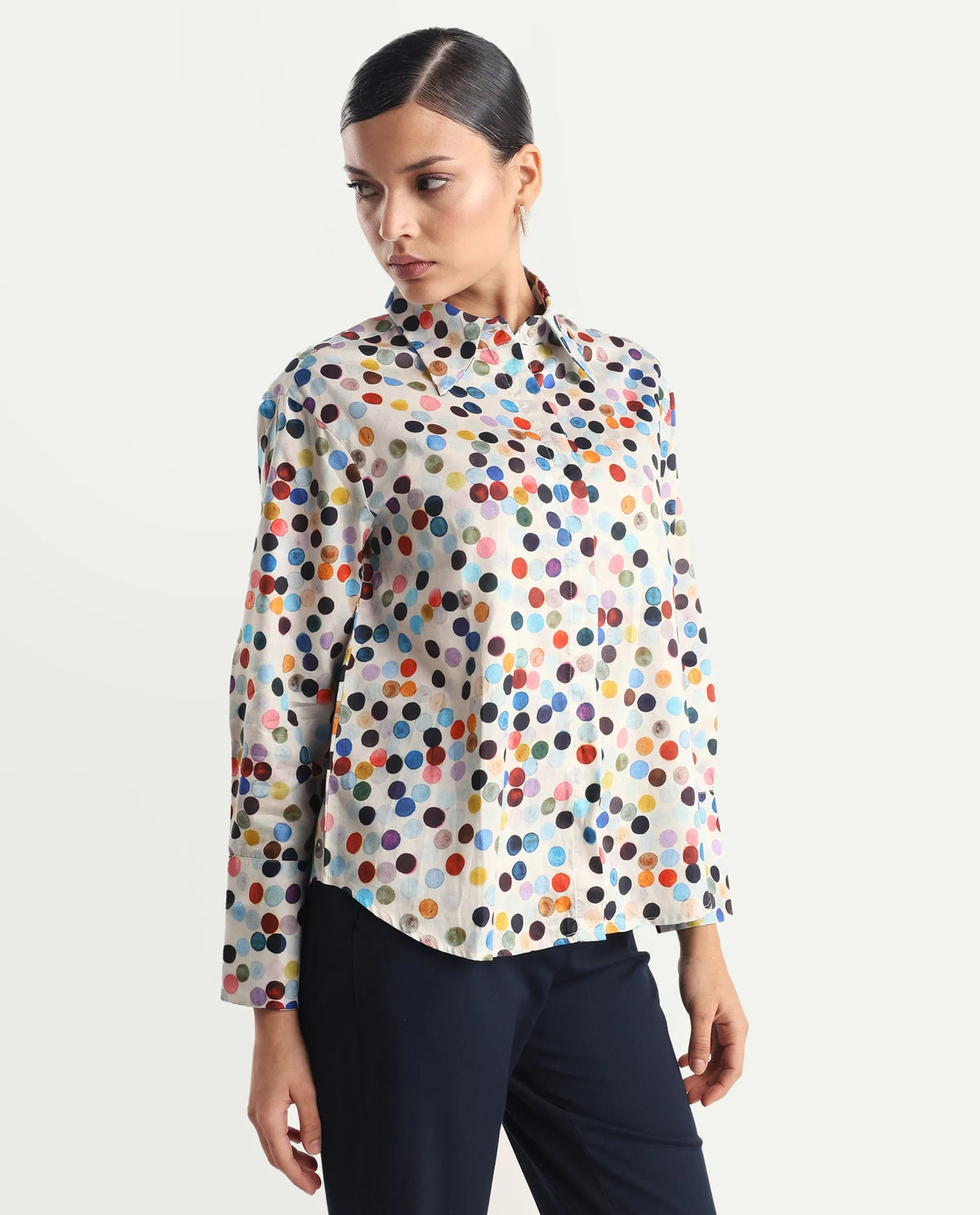 Rareism Women's Wanice Light Mullti Cotton Blend Drop Collar Polka Print Cuffed Sleeve Regular Fit Top