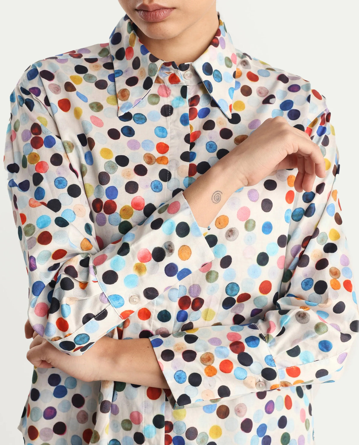 Rareism Women's Wanice Light Mullti Cotton Blend Drop Collar Polka Print Cuffed Sleeve Regular Fit Top