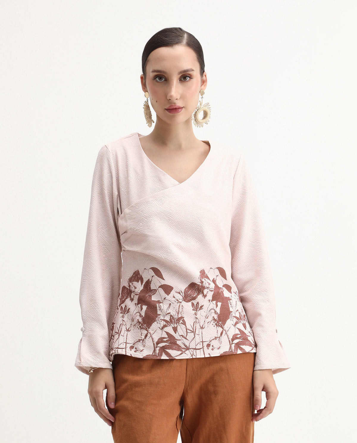 Rareism Women's Whas Beige Cotton Blend V-Neck Geometric Print Regular Fit Top