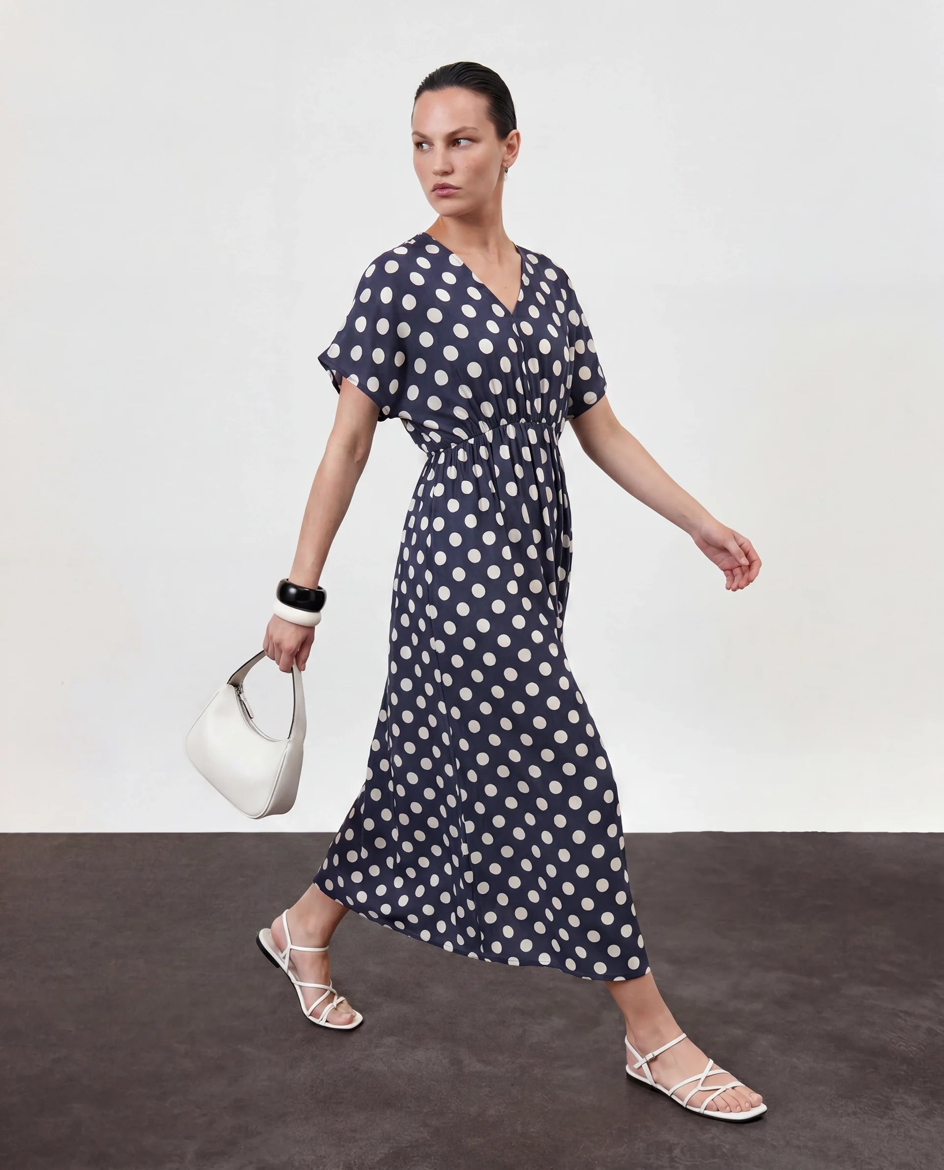 Rareism Women's Wicked Blue Modal Blend V-Neck Polka Print Extended Sleeves Maxi Regular Fit Dress
