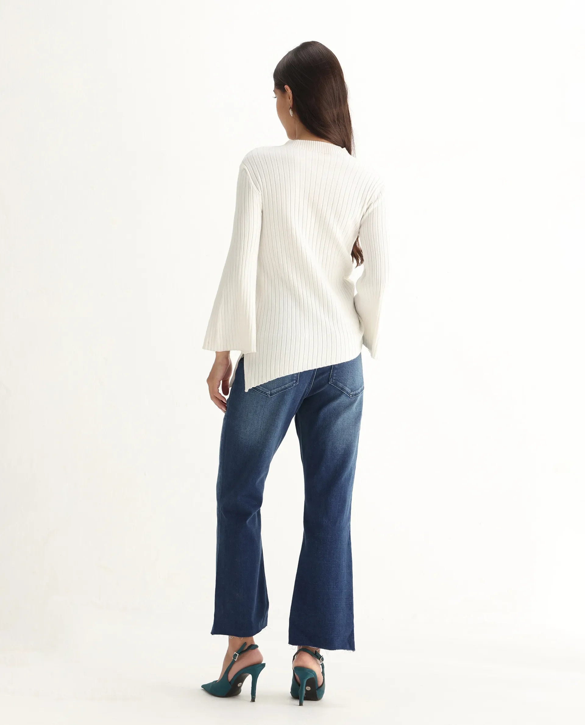 Rareism Women's Winona Blue Cotton Blend Plain Ankle Length Classic Bootcut Jeans
