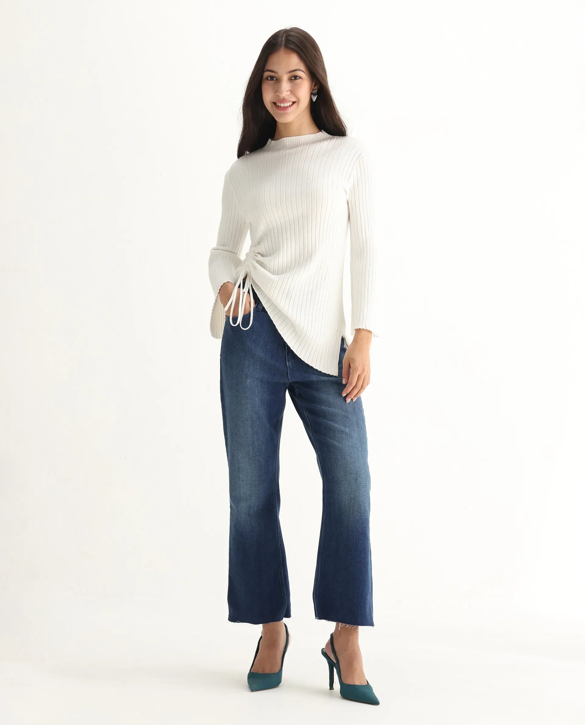 Rareism Women's Winona Blue Cotton Blend Plain Ankle Length Classic Bootcut Jeans