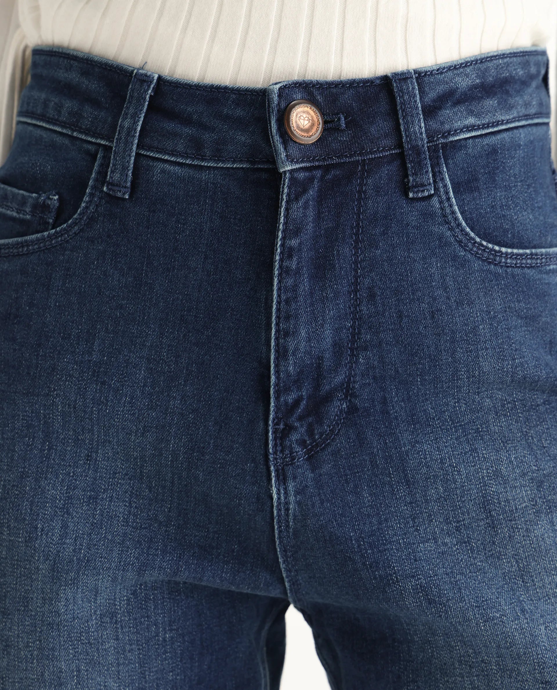 Rareism Women's Winona Blue Cotton Blend Plain Ankle Length Crop Flare Jeans