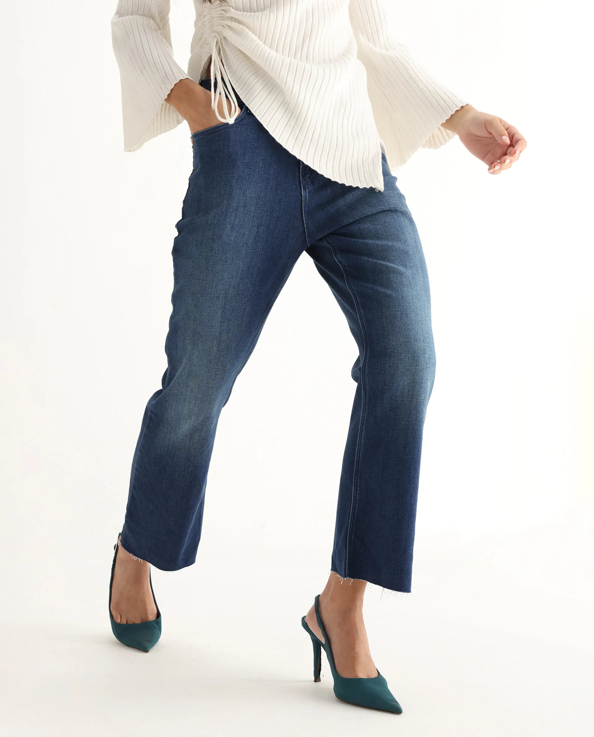 Rareism Women's Winona Blue Cotton Blend Plain Ankle Length Classic Bootcut Jeans