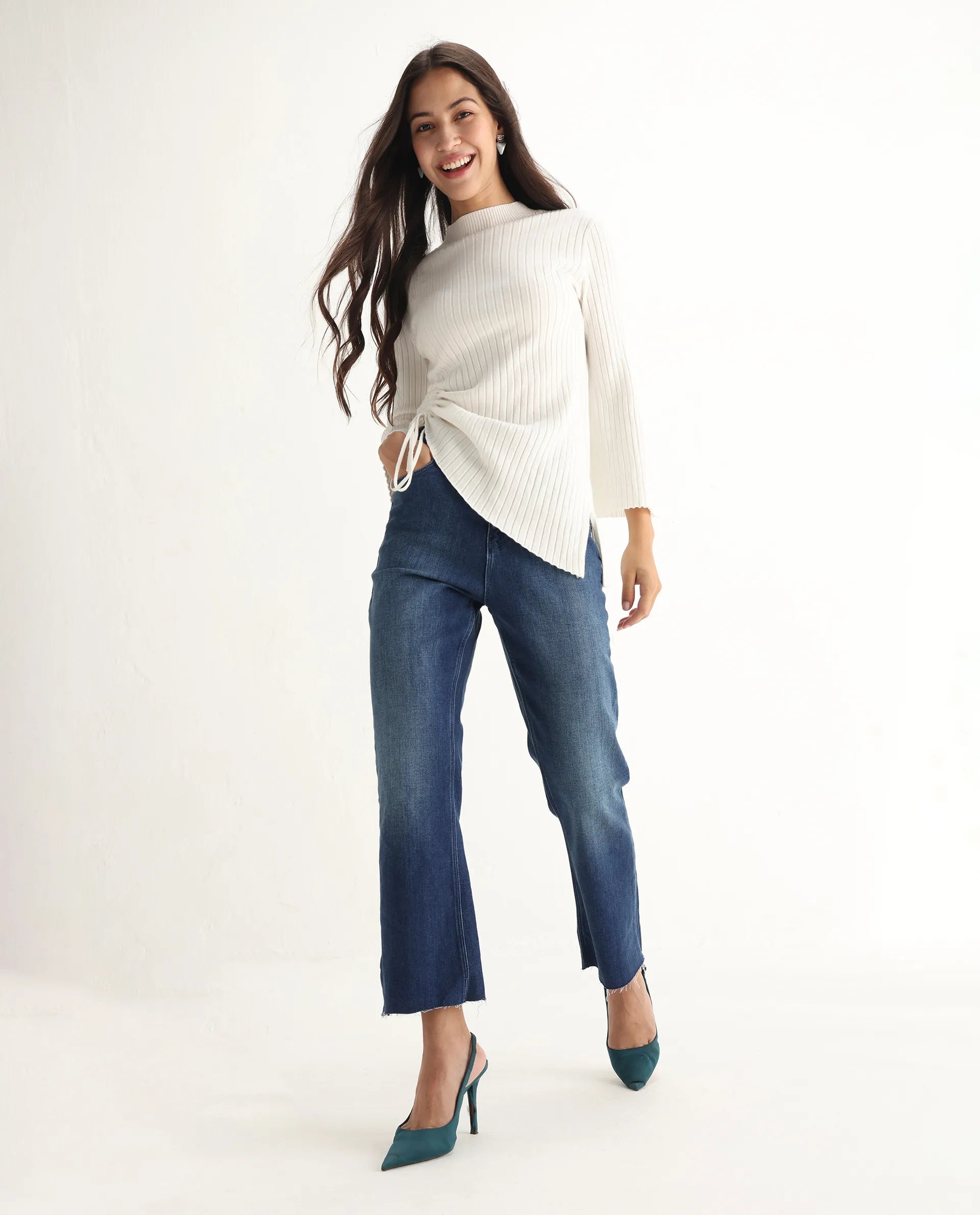 Rareism Women's Winona Blue Cotton Blend Plain Ankle Length Crop Flare Jeans