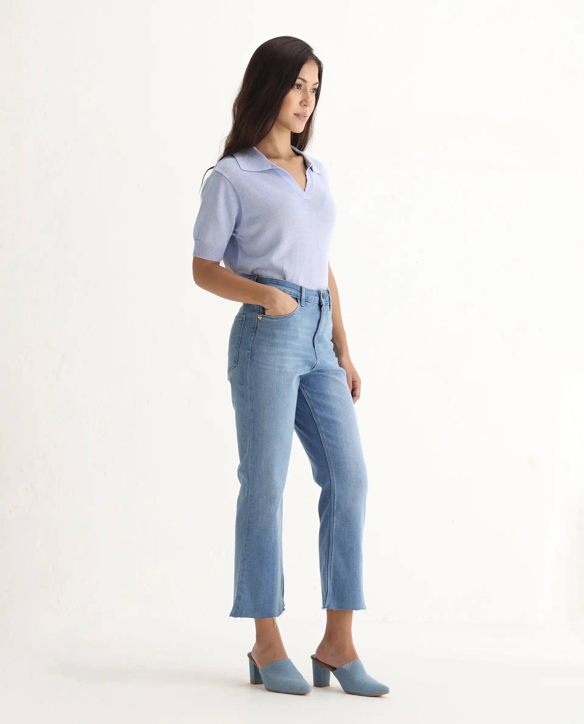 Rareism Women's Winona Pastel Blue Cotton Blend Plain Ankle Length Crop Flare Jeans