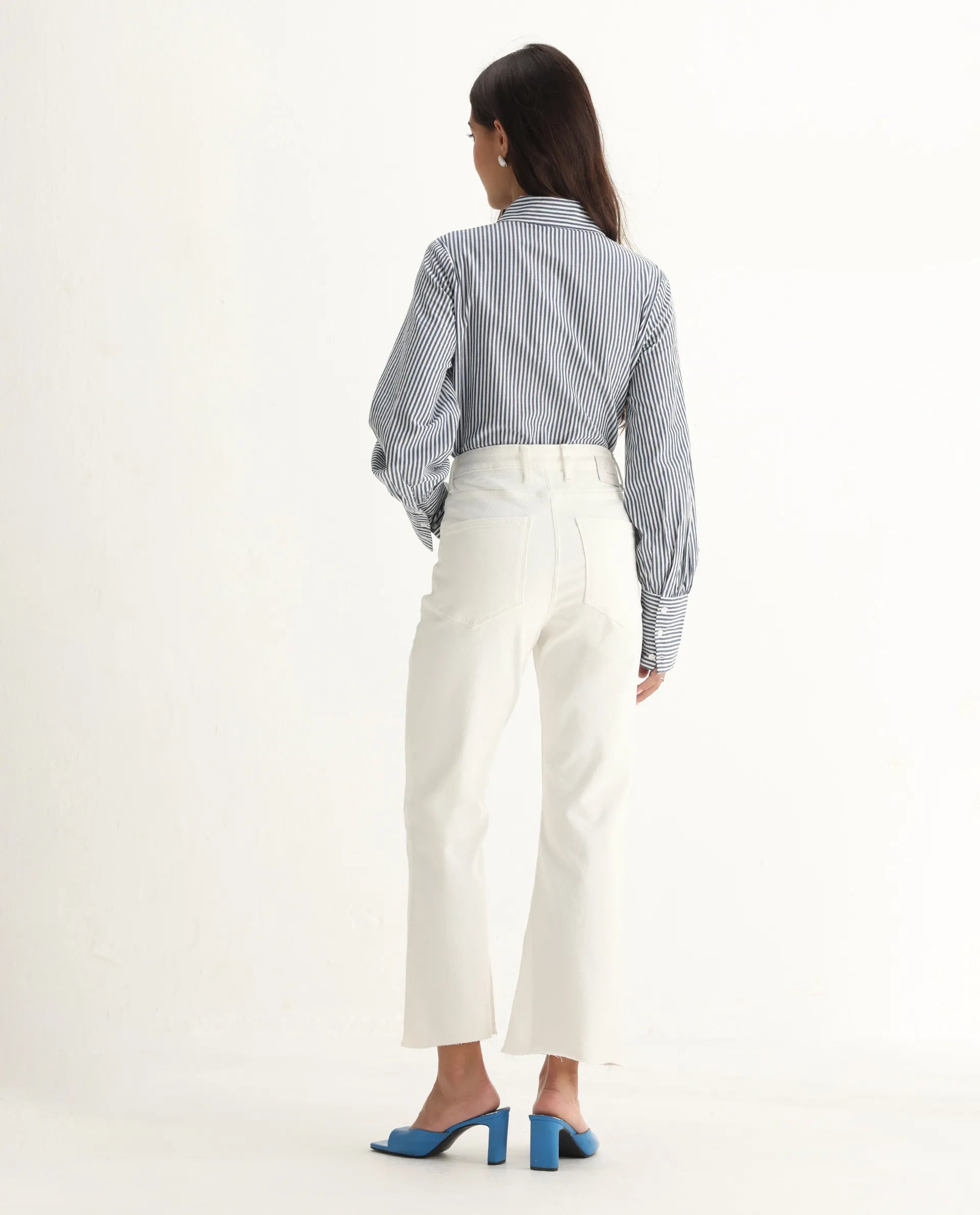 Rareism Women's Winona White Cotton Blend Plain Ankle Length Crop Flare Jeans