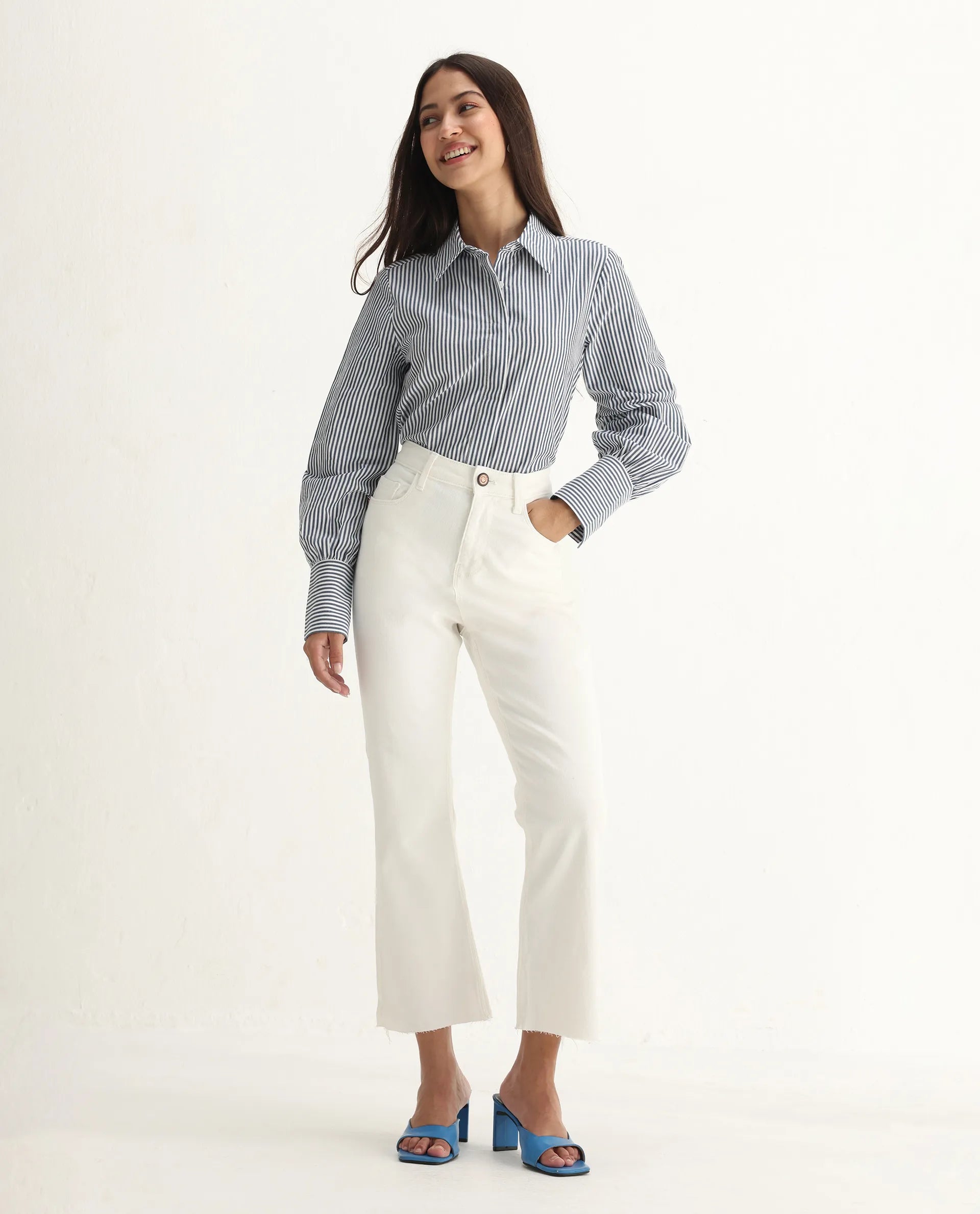 Rareism Women's Winona White Cotton Blend Plain Ankle Length Crop Flare Jeans