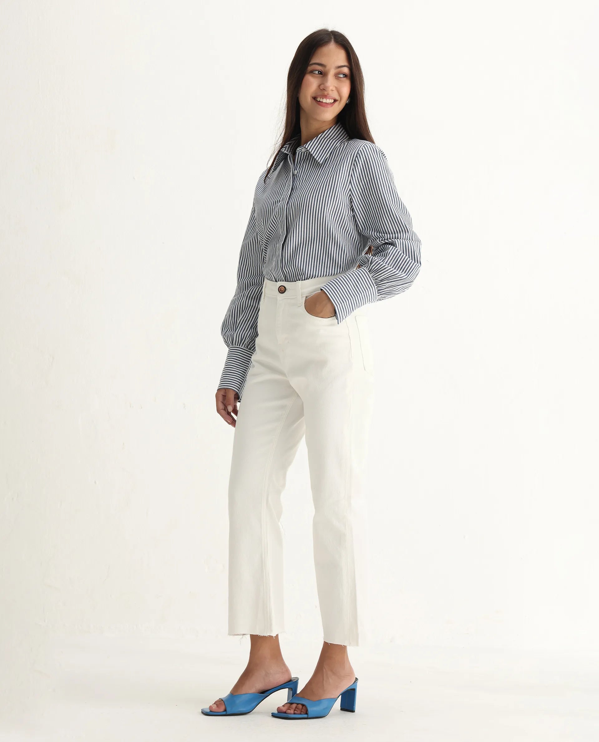 Rareism Women's Winona White Cotton Blend Plain Ankle Length Crop Flare Jeans