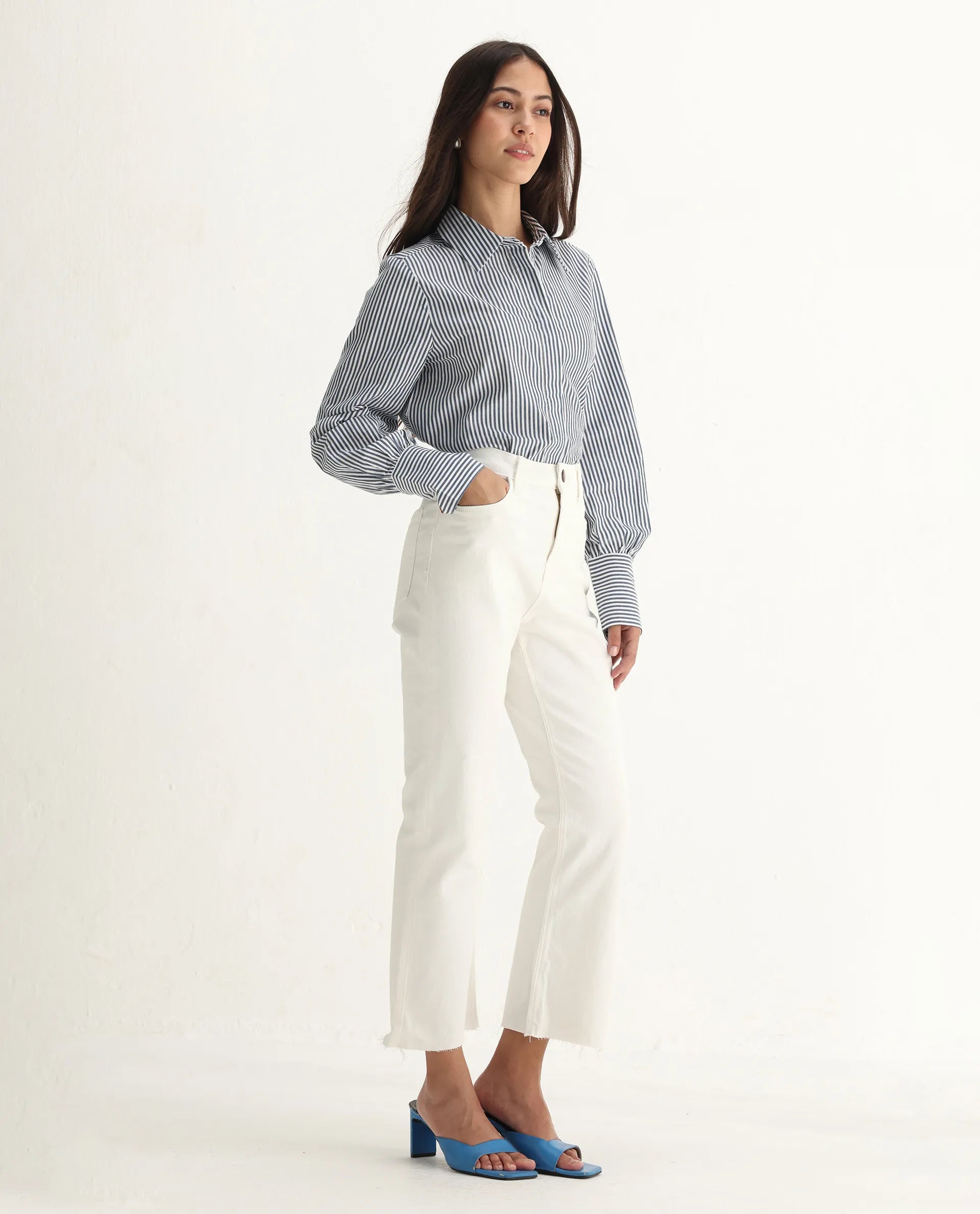 Rareism Women's Winona White Cotton Blend Plain Ankle Length Classic Bootcut Jeans